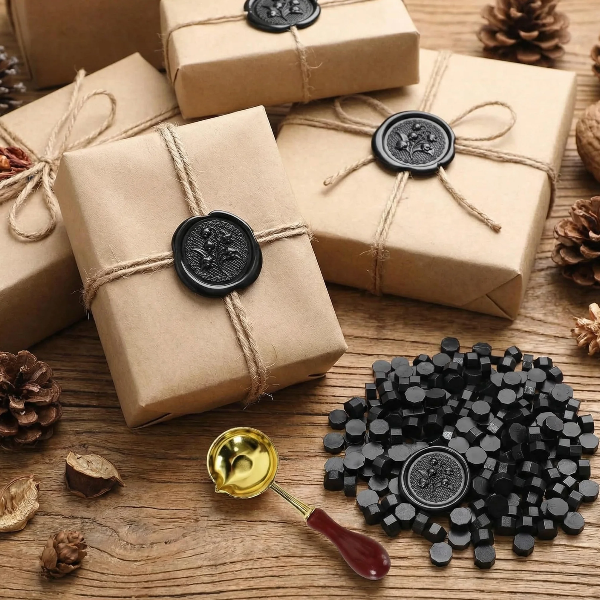 Perles de Cire à Cacheter Octogonales Lot de 300 avec Cuillère de Fusion - Sceaux de Cire pour Tampon, Lettres, Invitations (Noir)
