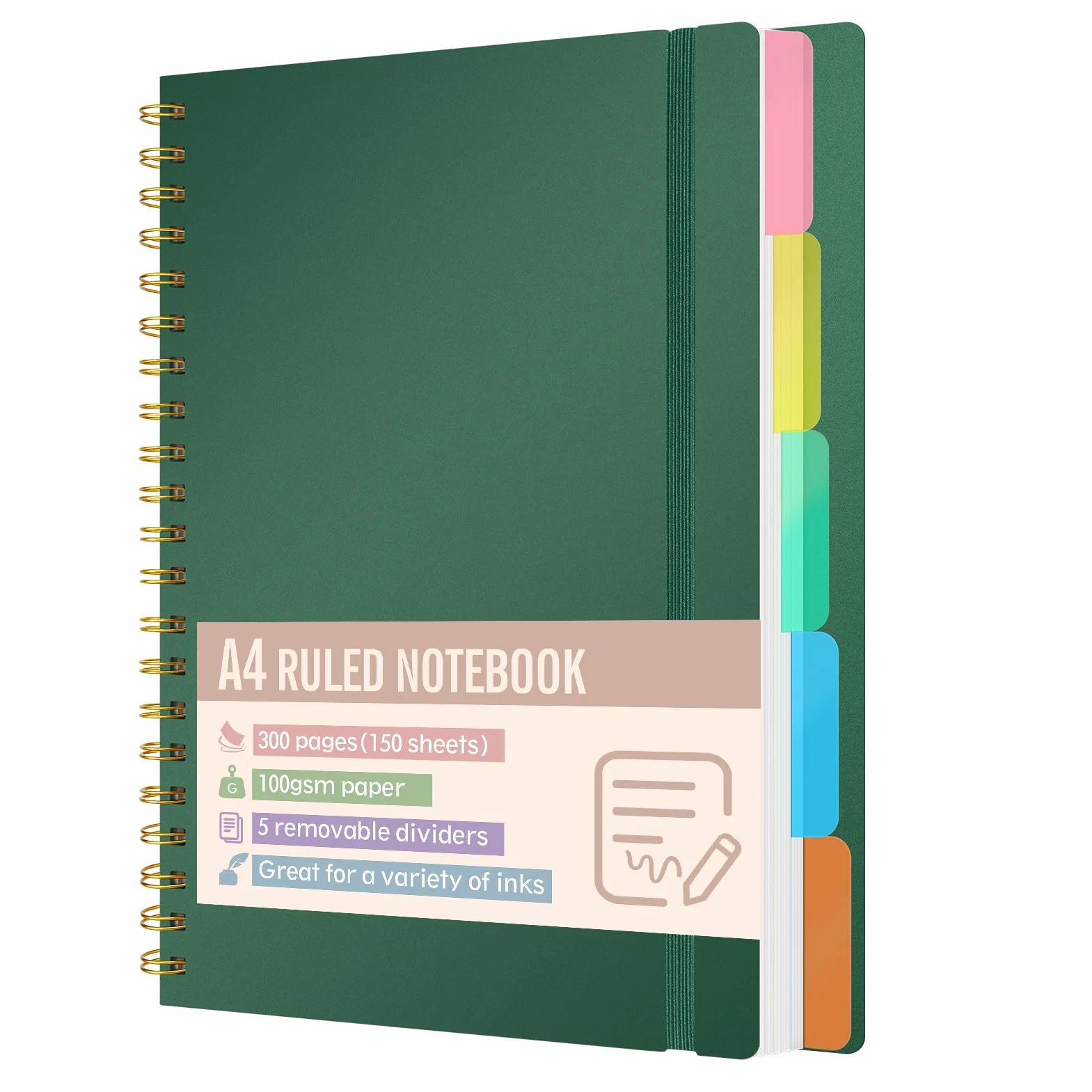 Cahier A4 ligné 300 pages 100 g/m² couverture rigide reliure spirale 5 intercalaires amovibles