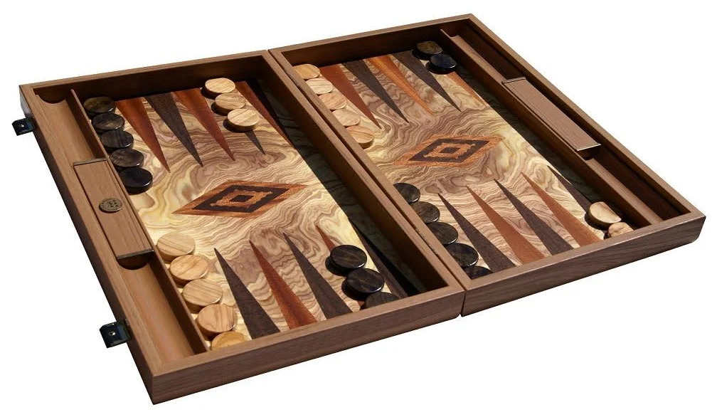 Manopoulos Luxury Olive Burl 15-inch Backgammon Set with Side Storage and Accessories