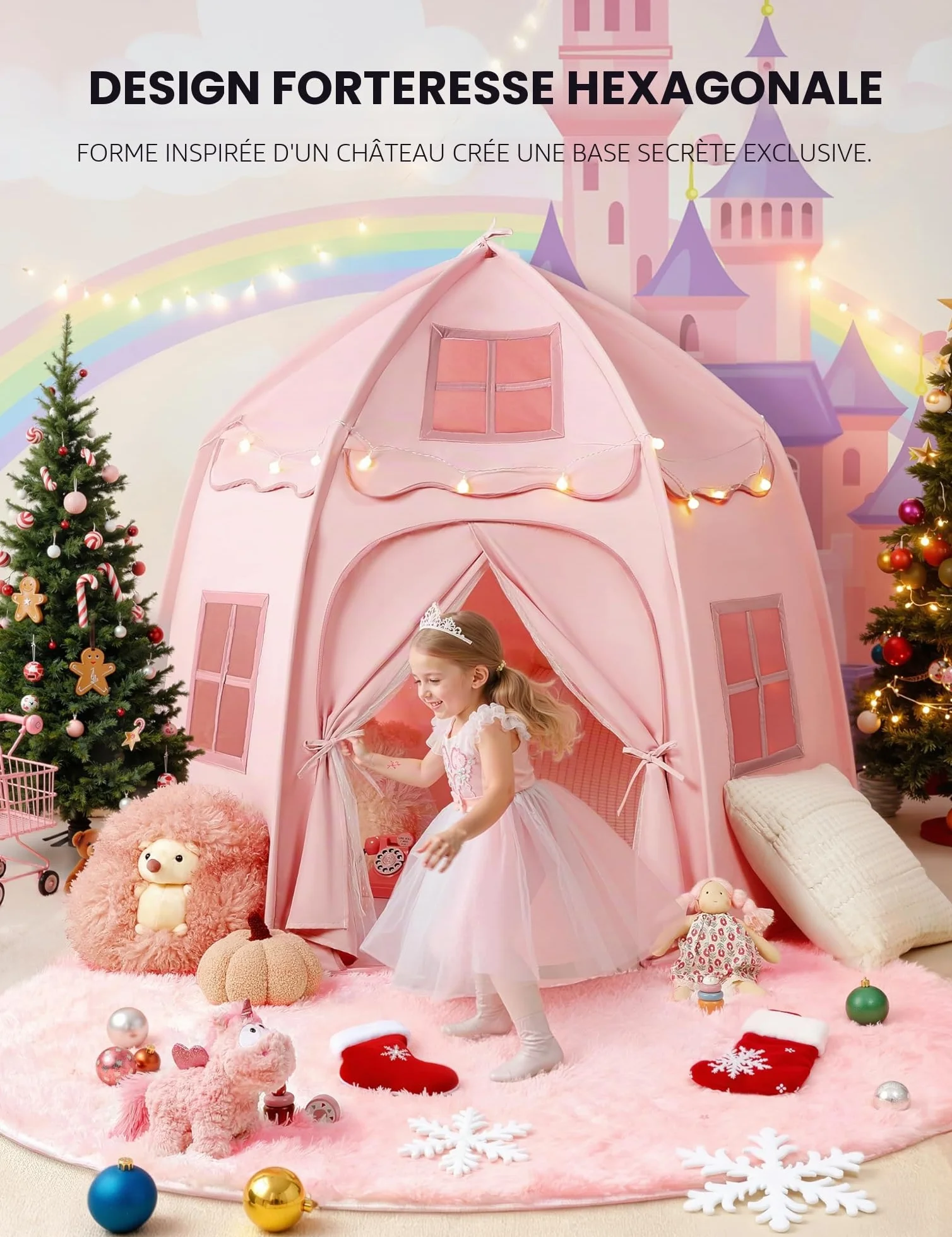 Besrey Tente Château pour Enfant - Cabane Intérieure avec Lumières, Rose