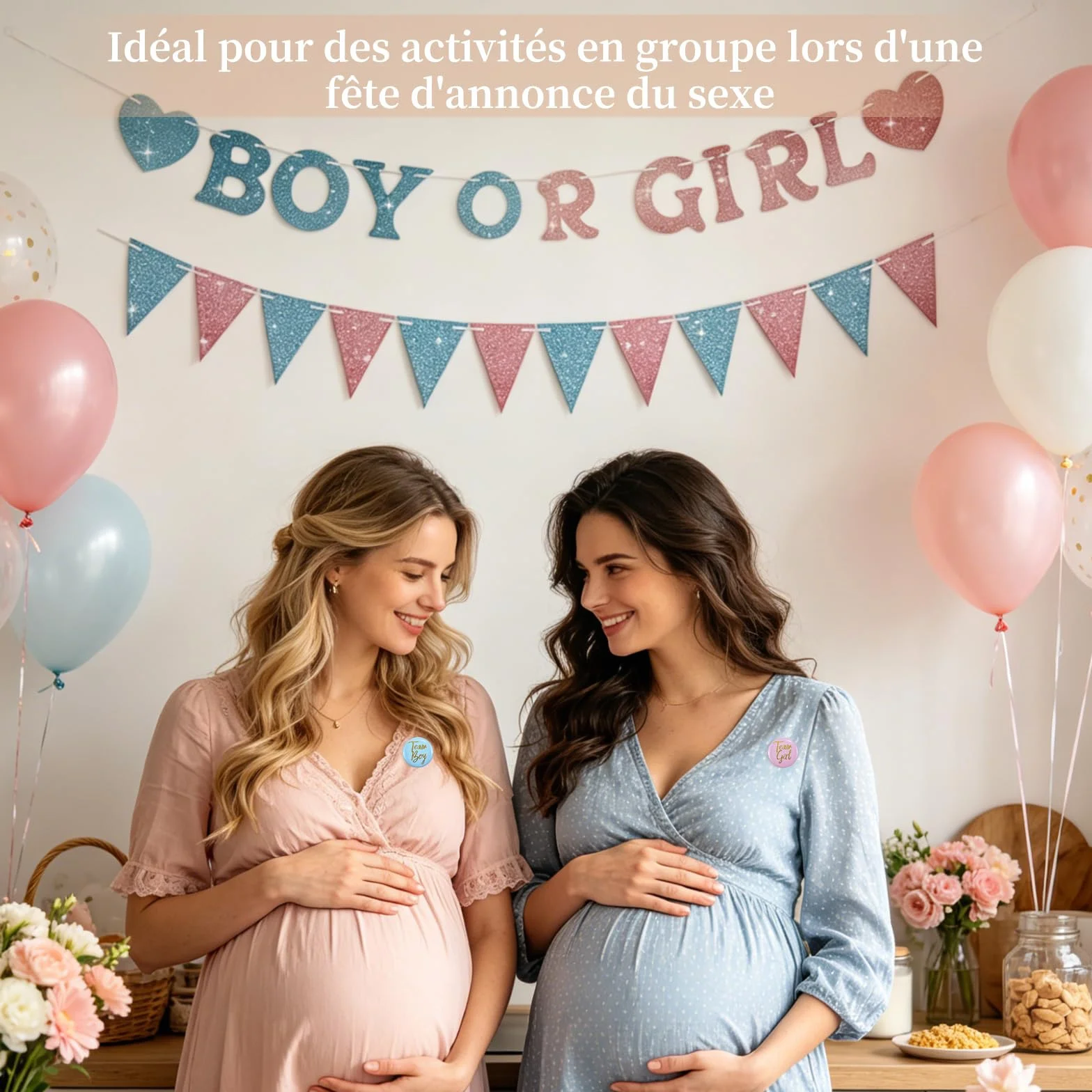 Guirlande Gender Reveal 3 m avec Fanions Cœurs 30 Badges Team Boy Girl Décor Rose Bleu Brillant Baby Shower