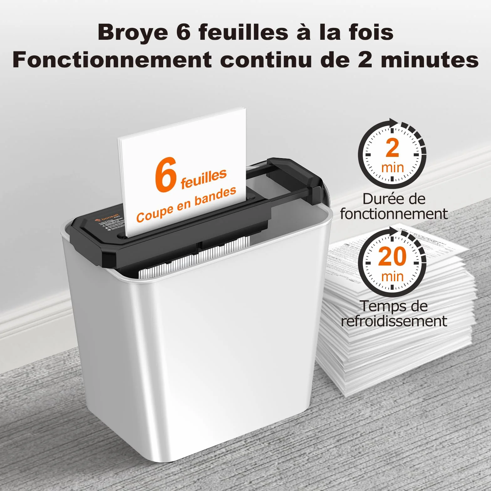 Bonsaii Destructeur de Documents 6 Feuilles Niveau Sécurité P-2 Portable Poignée Rétractable S125-A