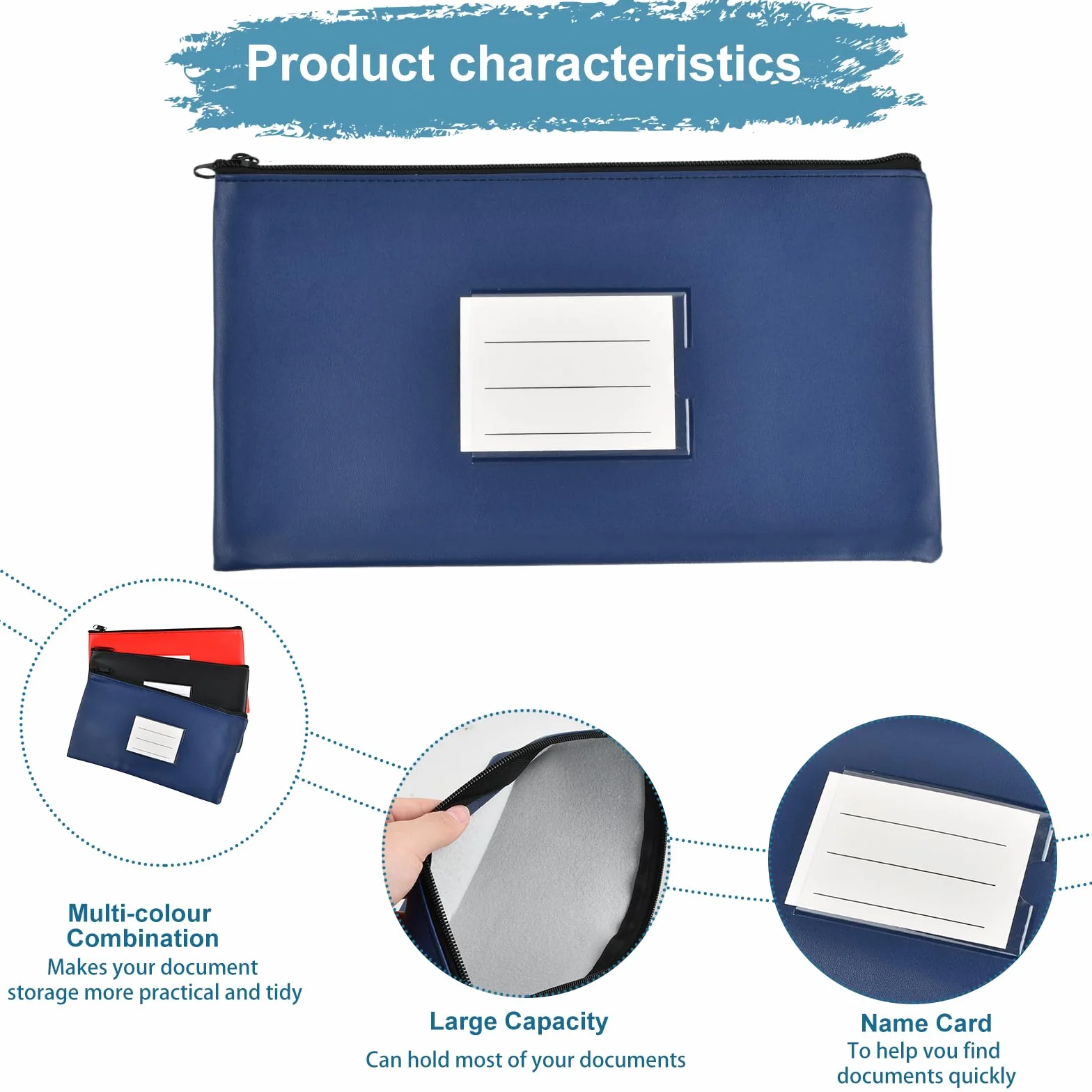 Sac de Billet en PU 28x15cm A5 Pochette de Dépôt Bancaire avec Fermeture Éclair Portefeuille Bancaire