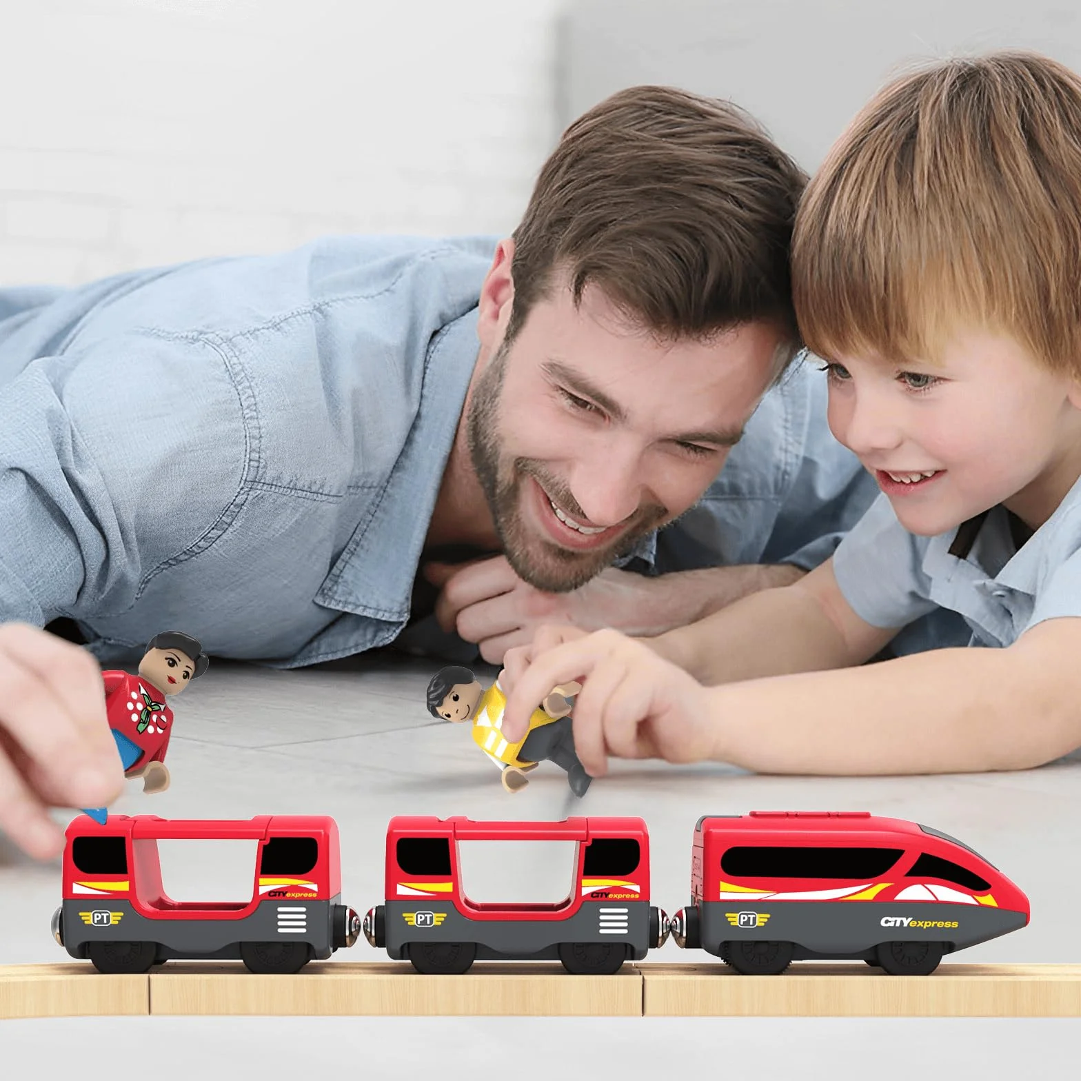 Train à Piles en Bois pour Chemin de Fer, Jouet Locomotive Son et Lumière, Véhicule Électrique Enfant 3-8 Ans Compatible Brio Thomas Rouge
