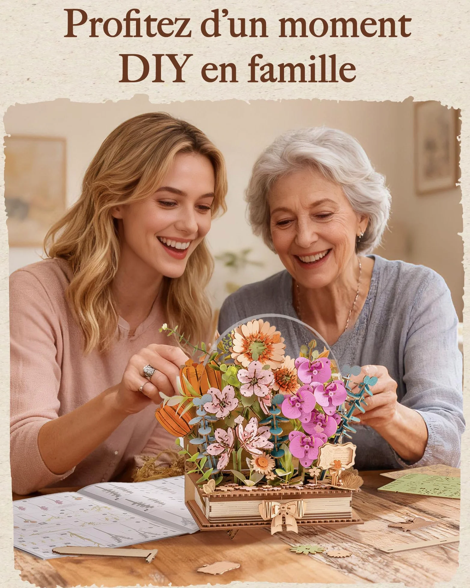 ROWOOD Puzzle de fleurs en bois 3D, livre de floraison en bois, kit de modèle de bouquet à faire soi-même, kits d'artisanat créatifs pour adultes, puzzle de fleurs décoratif, cadeaux d'artisanat pour
