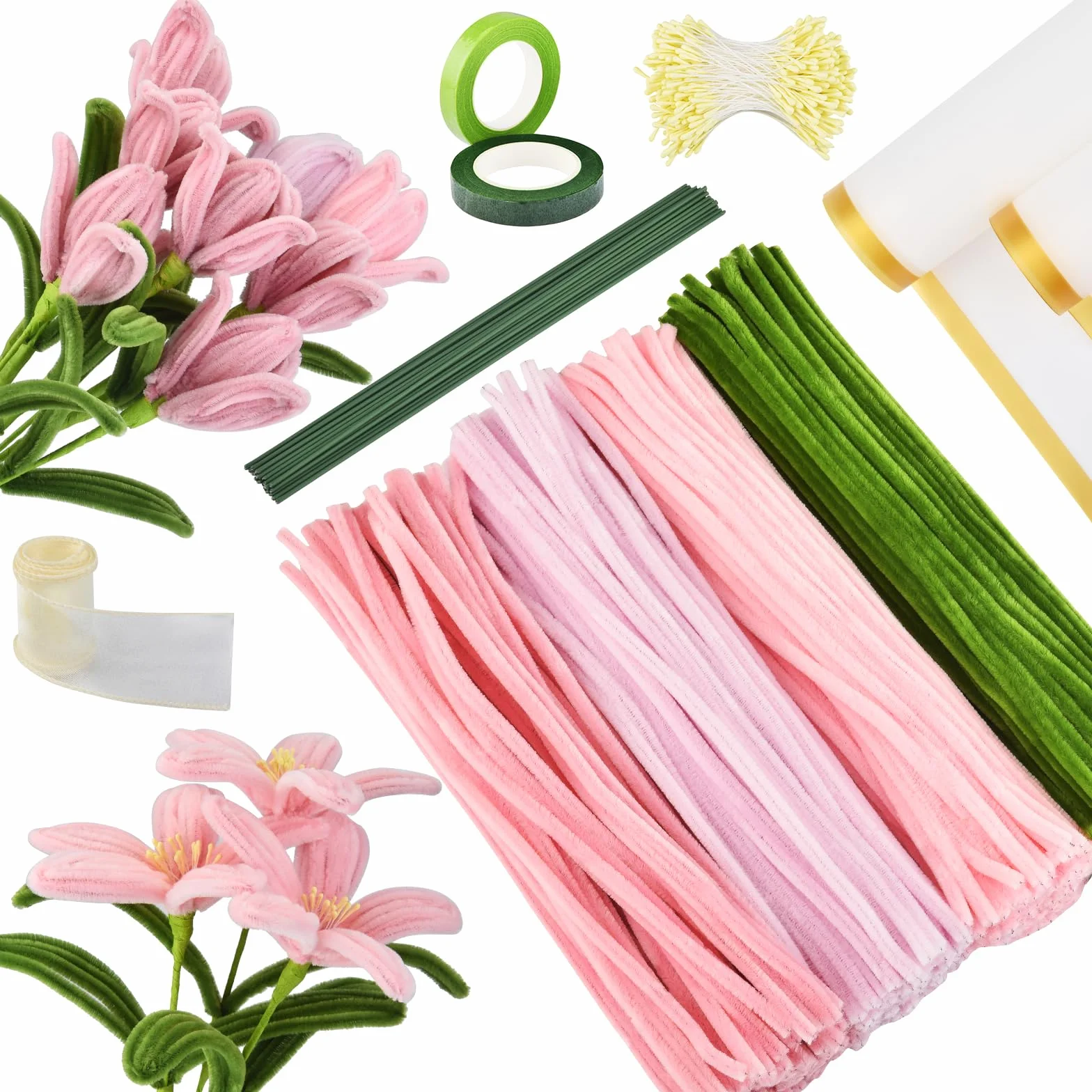 Kit de Fleurs DIY 350Pcs – Fil Chenille Pastel pour Enfants – Cure-Pipe Fleur avec Tige Verte – Loisir Créatif Bouquet de Roses