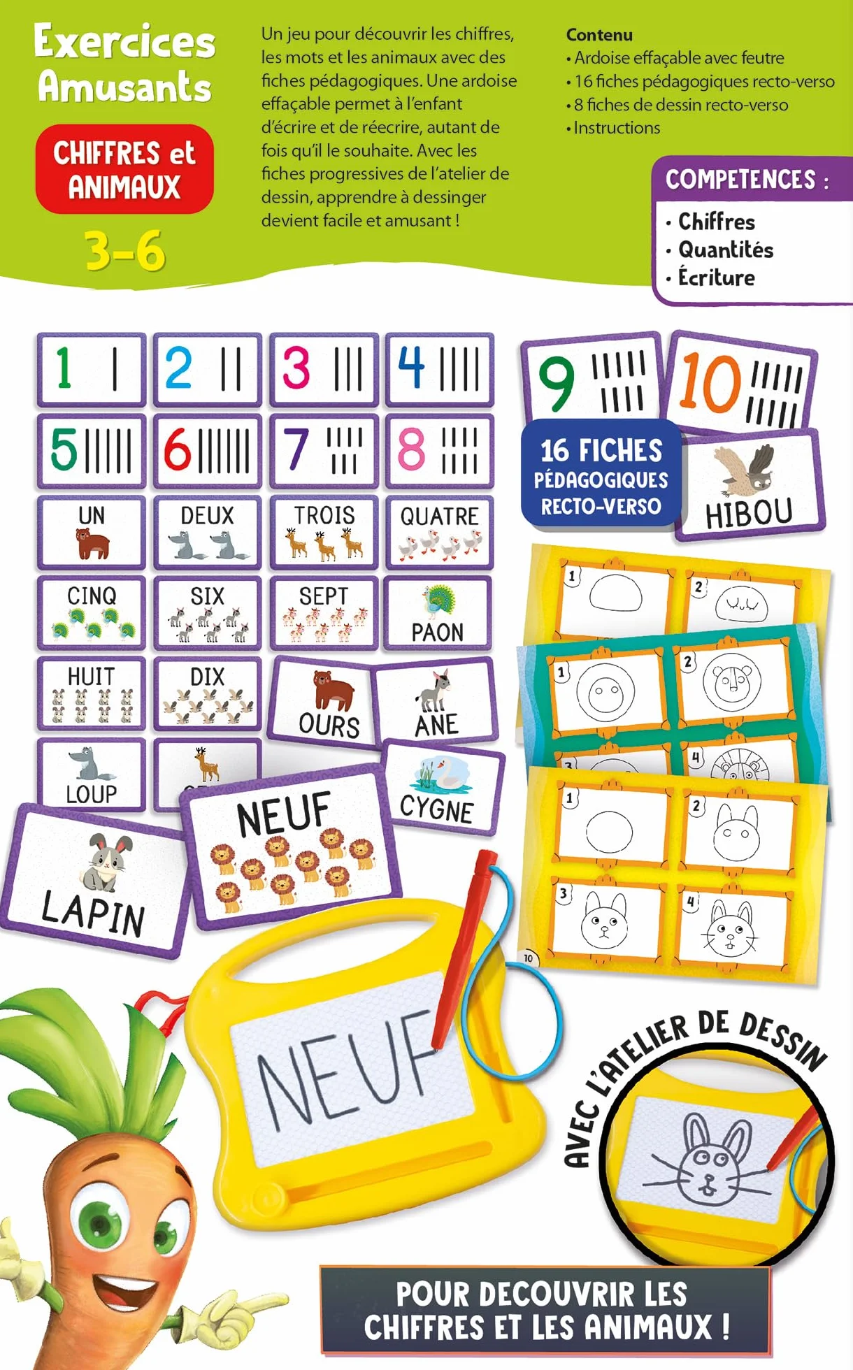 Lisciani CAROTINA Exercices Amusants Chiffres ET Animaux Jeu Apprendre Chiffres Enfants 3 Ans Ardoise Effaçable
