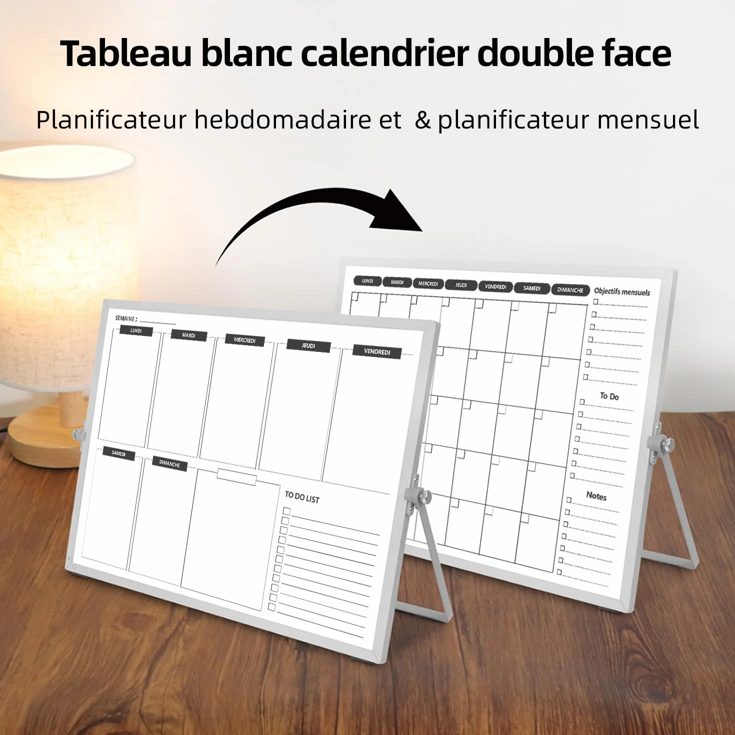 Calendrier Tableau blanc Double face 40×30cm Planificateur Semaine Mensuel effaçable