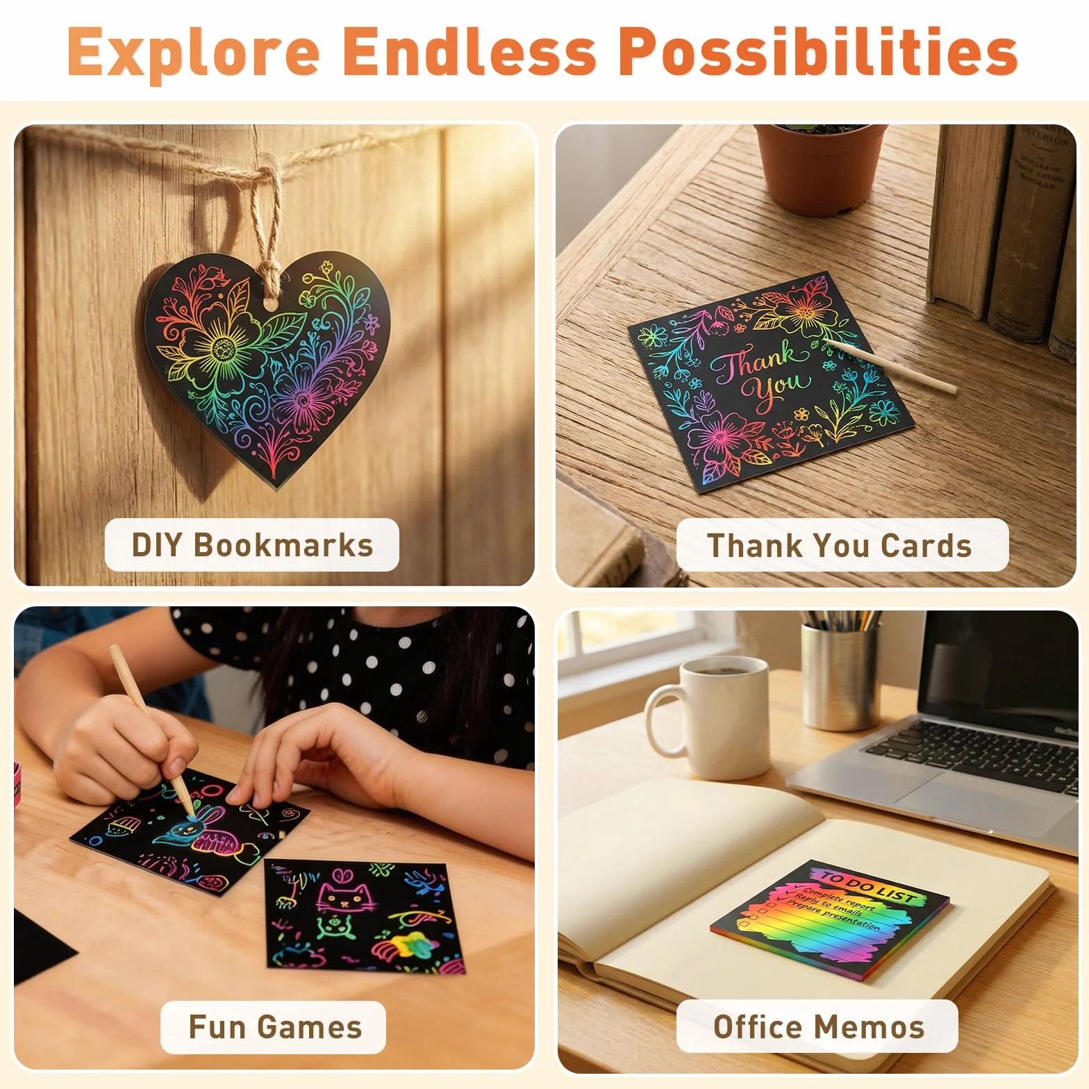 Kesote Carte a Gratter Enfant 100 Feuilles Papier Arc-en-Ciel Bricolage avec 2 Stylets en Bois Scratch Art 8x8cm