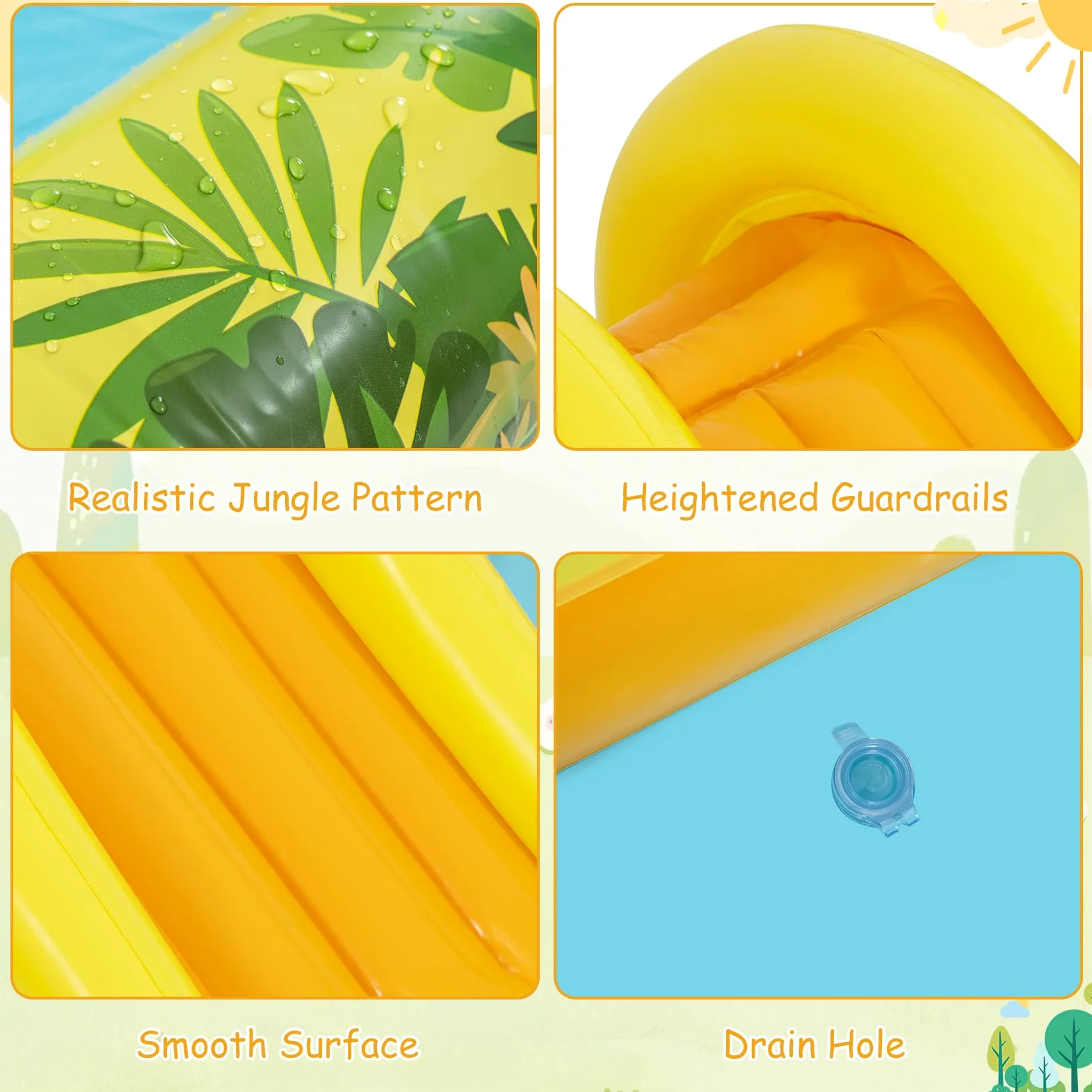 FANTASK Aire de Jeux Gonflable, Centre de Jeu Aquatique Jungle Adventure avec Toboggan, pataugeoire, Singe, arroseur et souche d'arbre, Piscine pour Enfants avec Accessoires, Parc Aquatique pour