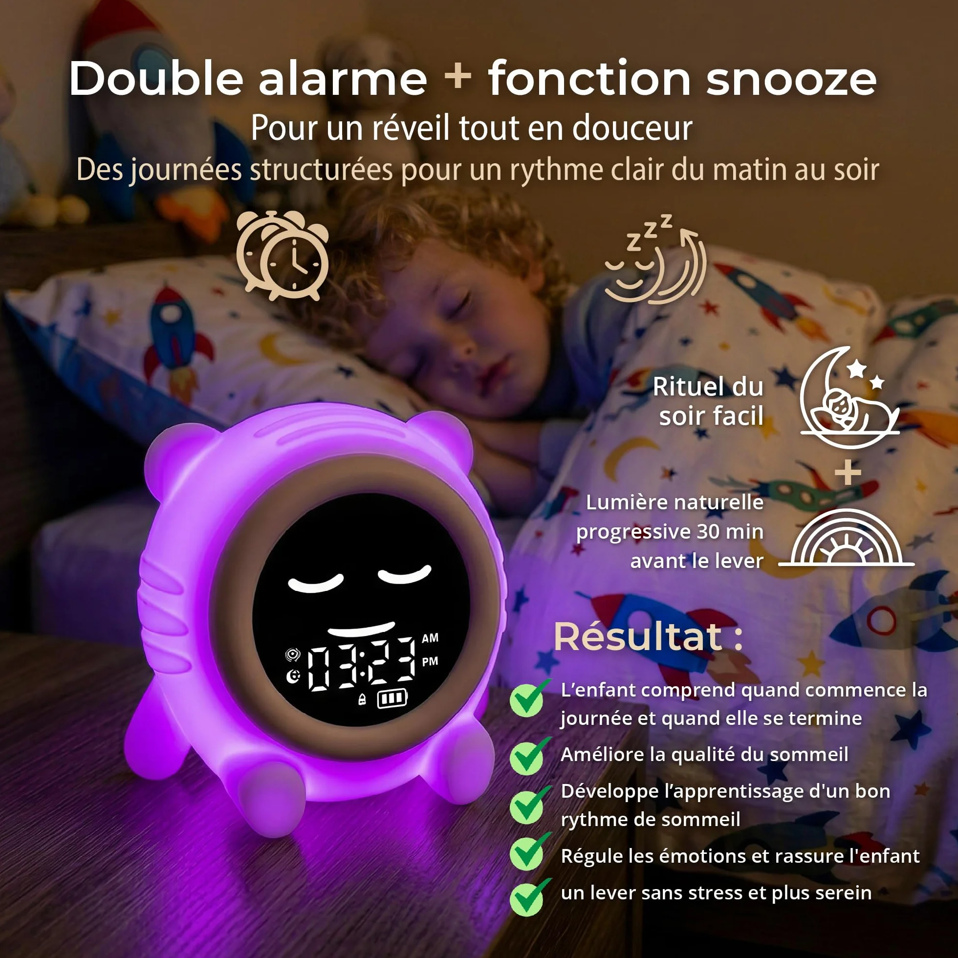 ANTIKOLOR Reveil Enfant éducatif Jour Nuit - Horloge Apprentissage Fille et Garcon - veilleuse bébé - dés 3 Ans