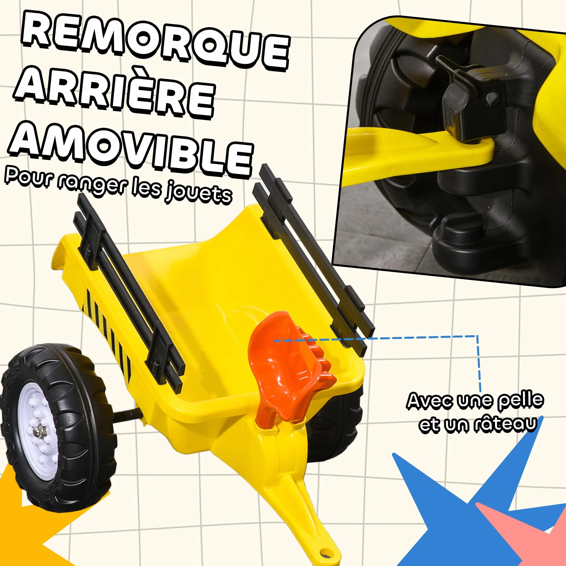 HOMCOM Tracteur à pédales 6 Roues avec remorque, râteau et pelle, Charge 35 kg, pour 3+ Ans, Jaune
