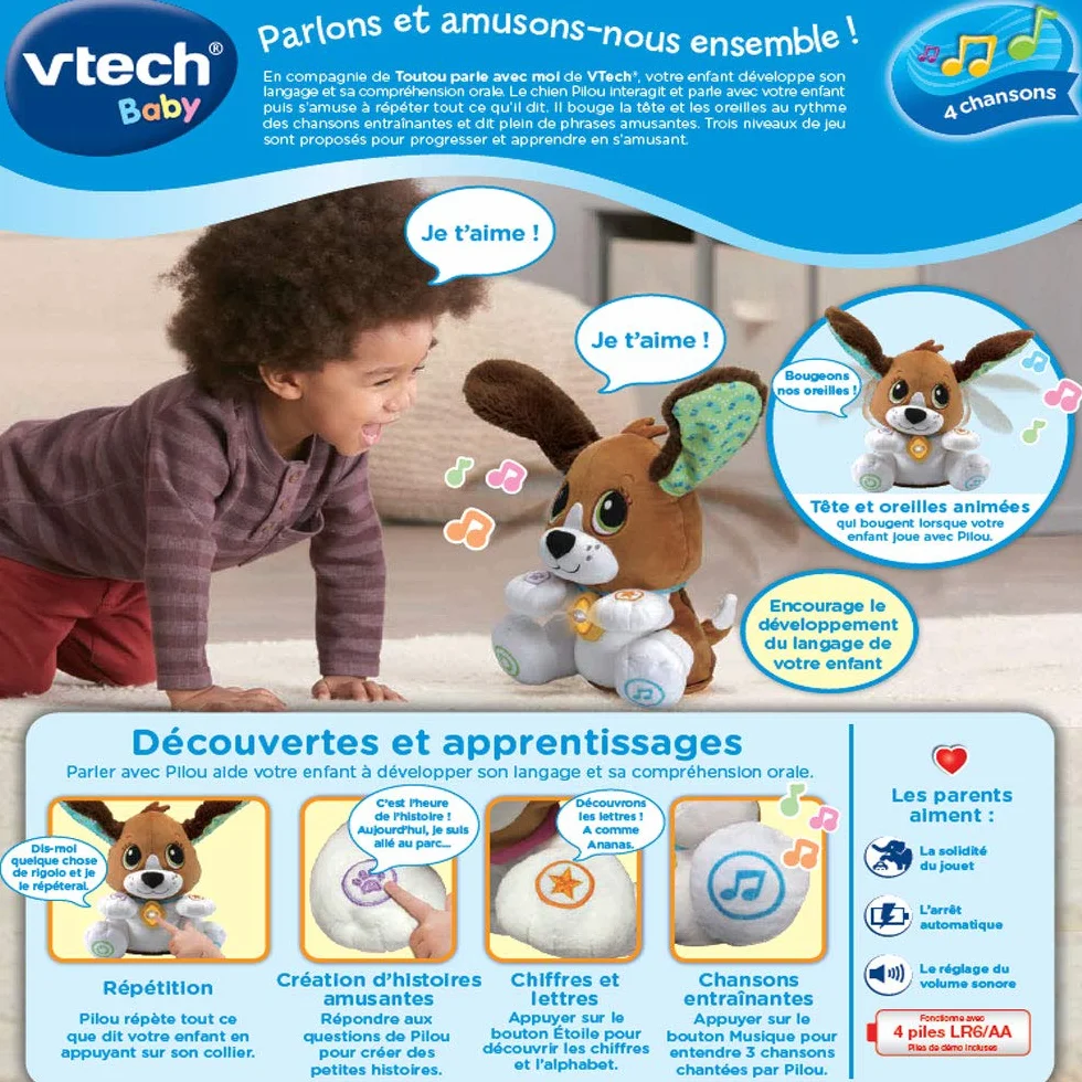VTech Toutou Parle avec Moi, Jouet Chien Interactif Qui Répète, Bouge la Tête et Les Oreilles, Peluche Bébé à Fonctions, Jeu Éducatif, Cadeau Enfant Dès 1 an