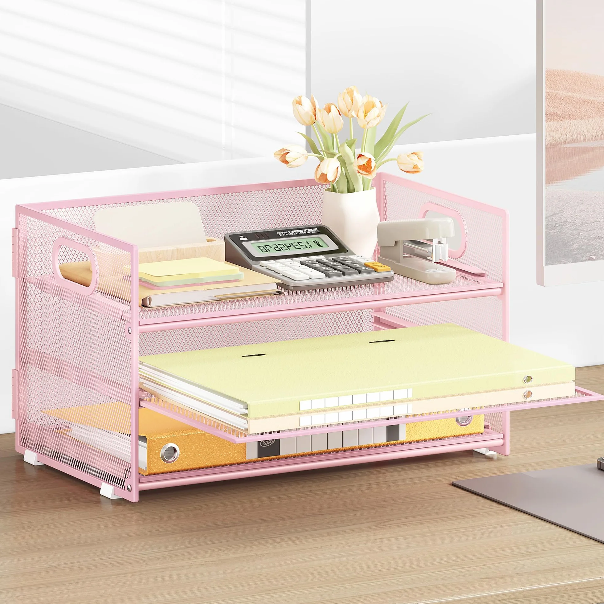 VITVITI Organiseur de Bureau 3 Étages avec Poignée, Pochette A4, Rangement Treillis Métallique Rose