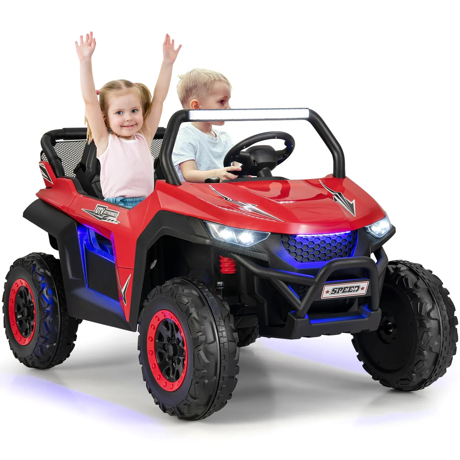 SOARS Voiture Electrique Enfants, Quad Electrique Enfants à 2 Places avec Multimédia, Télécommande 2,4G pour Parents, Durée de 60 à 120 Min, Charge Maximale 59 KG, Cadeau Fille Garçon 3-8 Ans (Rouge)