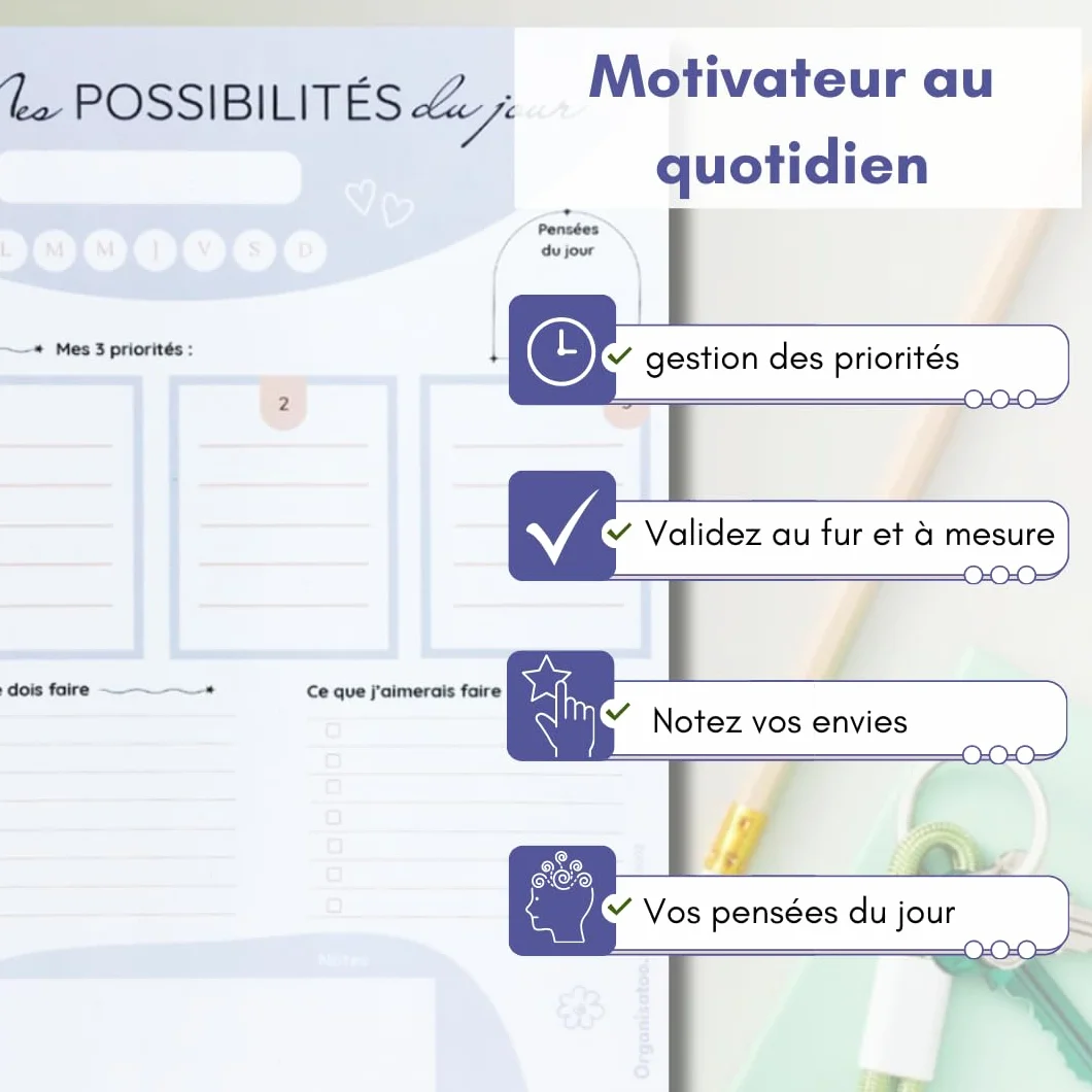 Bloc-notes développement personnel A5 50 pages détachables planning du jour français