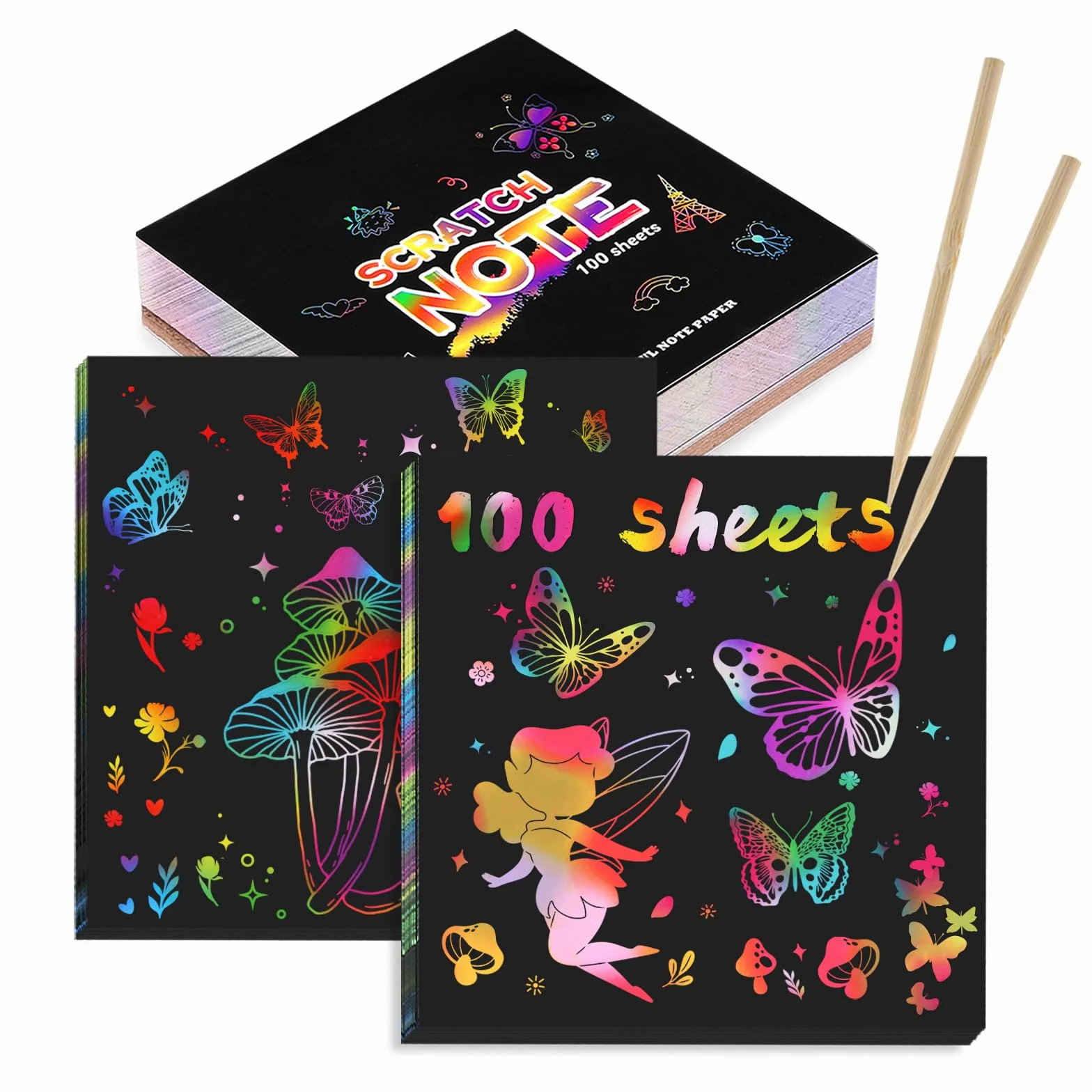 Kesote Carte a Gratter Enfant 100 Feuilles Papier Arc-en-Ciel Bricolage avec 2 Stylets en Bois Scratch Art 8x8cm