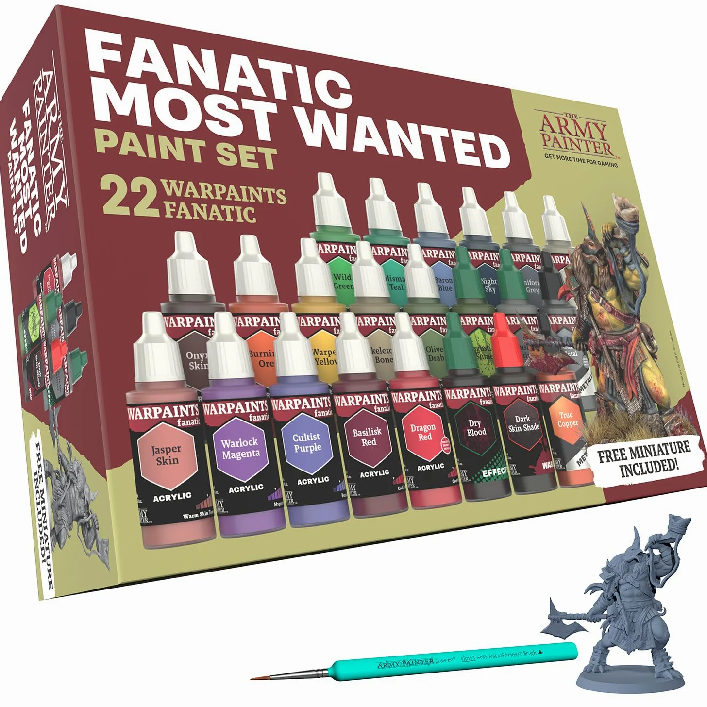 The Army Painter, Warpaints Fanatic Most Wanted Combo Set, 22 x 18 ml | Teintes de peau, métalliques, effets, lavis, apprêt, 1 pinceau & 1 figurine, D&D & Warhammer