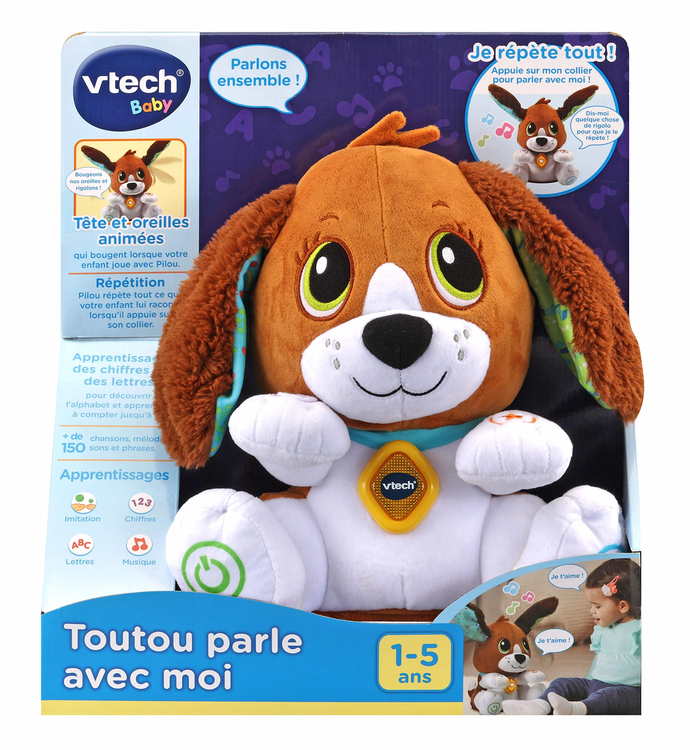 VTech Toutou Parle avec Moi, Jouet Chien Interactif Qui Répète, Bouge la Tête et Les Oreilles, Peluche Bébé à Fonctions, Jeu Éducatif, Cadeau Enfant Dès 1 an