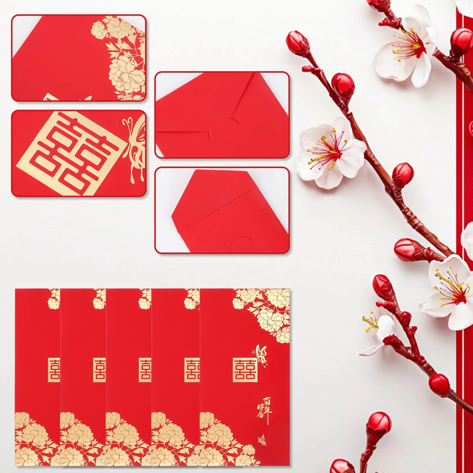 Enveloppes Rouges de Mariage Double Bonheur Hong Bao pour Jeunes Mariés 10pcs