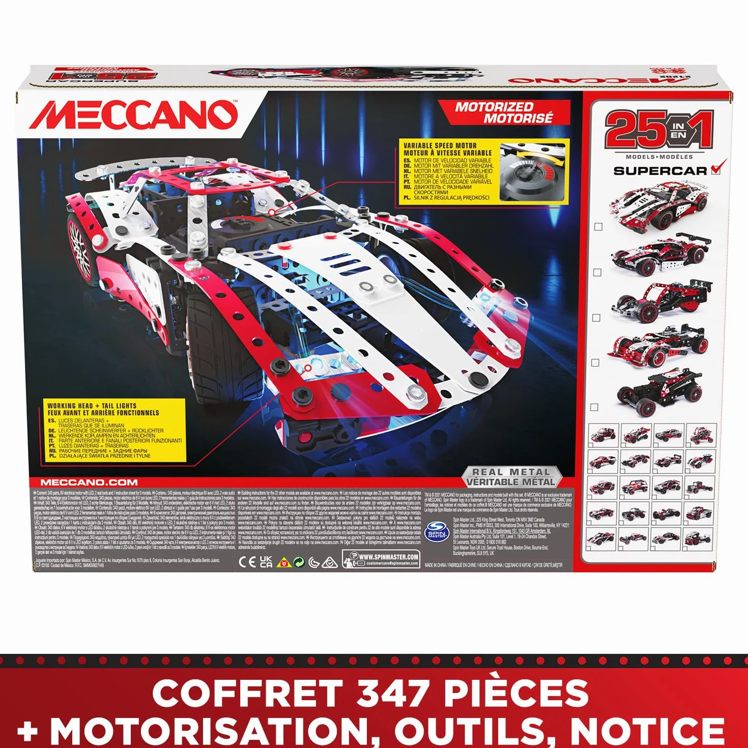 Bandai Meccano Supercar 25 en 1 Coffret de Construction 347 pièces Moteur 6V LED