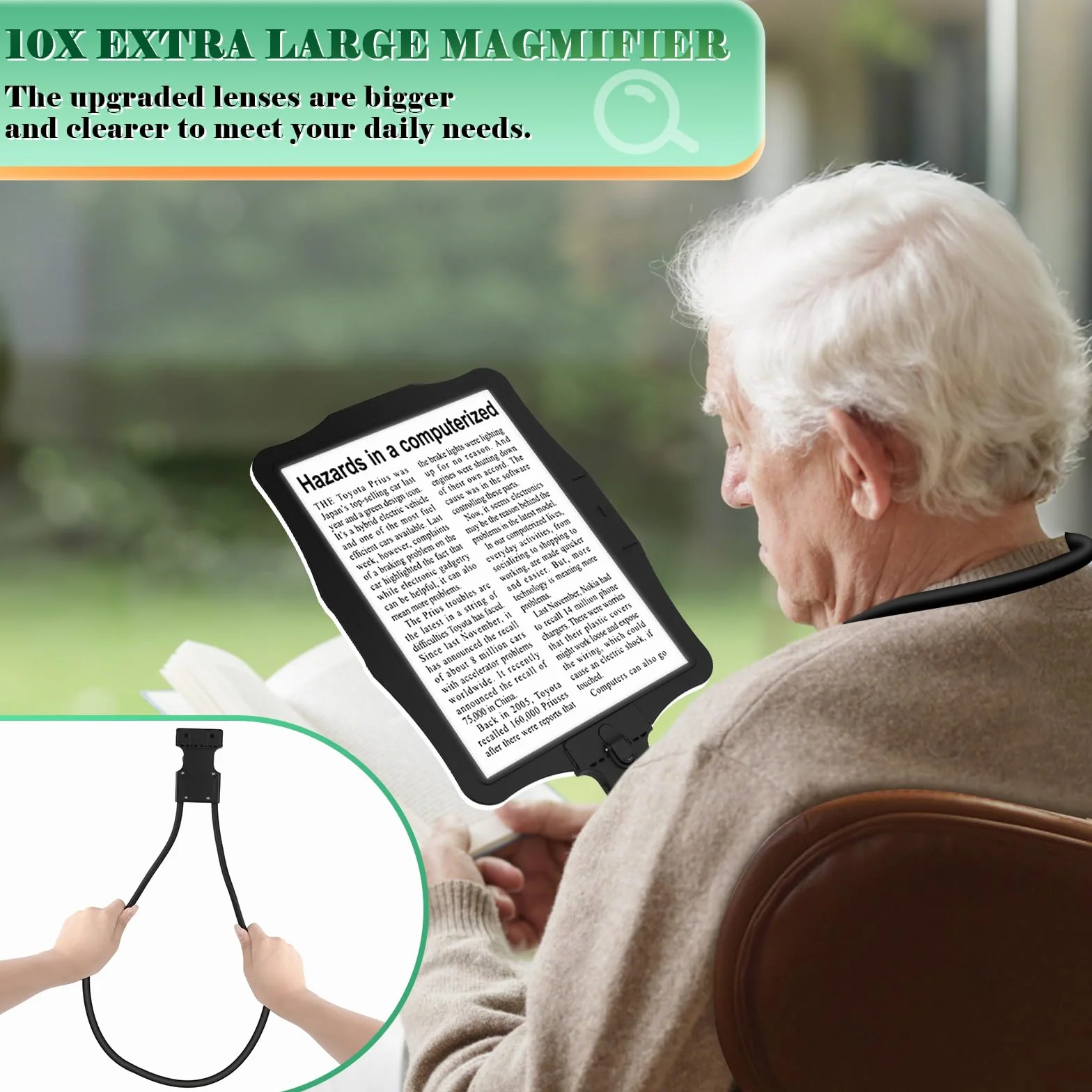 Loupe de Lecture Rechargeable 10X avec Lampe LED Mains Libres, Col de Cygne Flexible pour Malvoyant