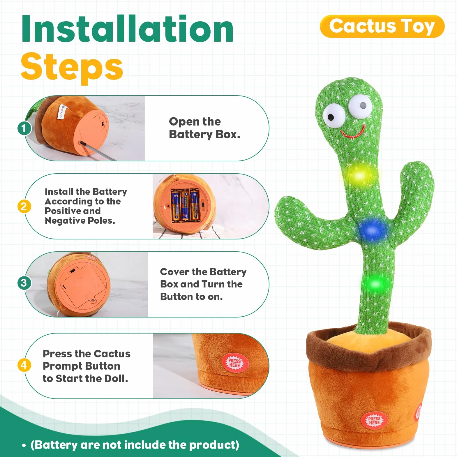 Cactus Dansant Parlant Chante Répète Jouet Bébé Peluche Interactive avec 120 Chansons pour 6 Mois+ Enfants