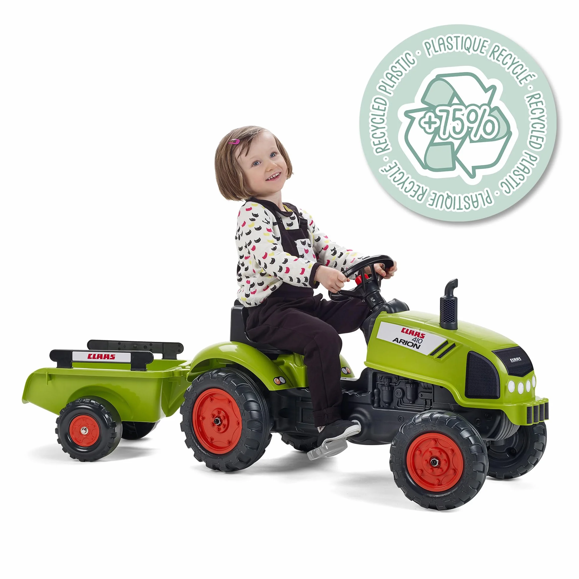 FALK Tracteur à pédales Claas avec remorque enfant 75% plastique recyclé 2041C