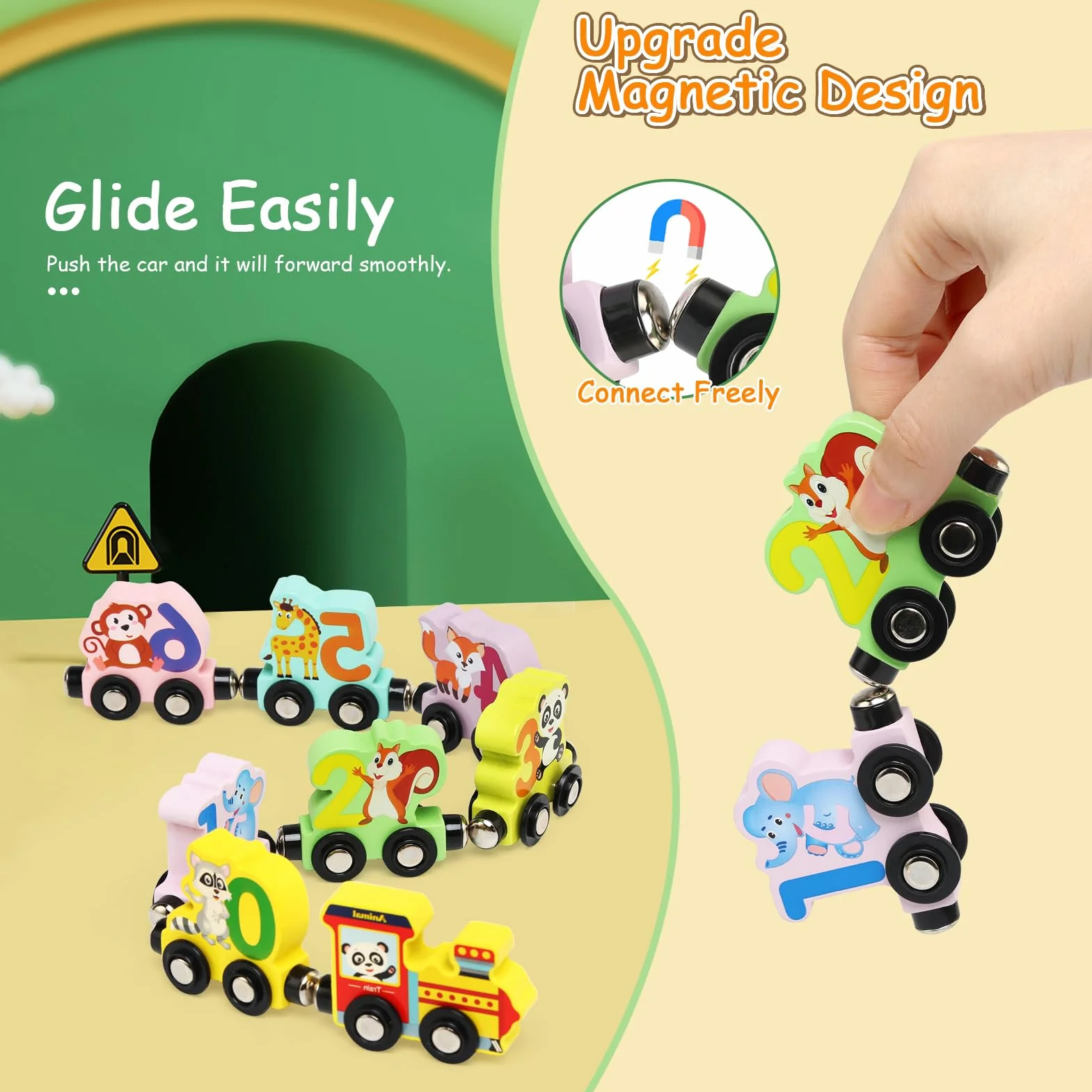 Train Jouet en Bois pour Enfant, Aimant Numéro Set, Montessori Voitures à Moteur Magnétique, Jeux Educatif 1-4 Ans