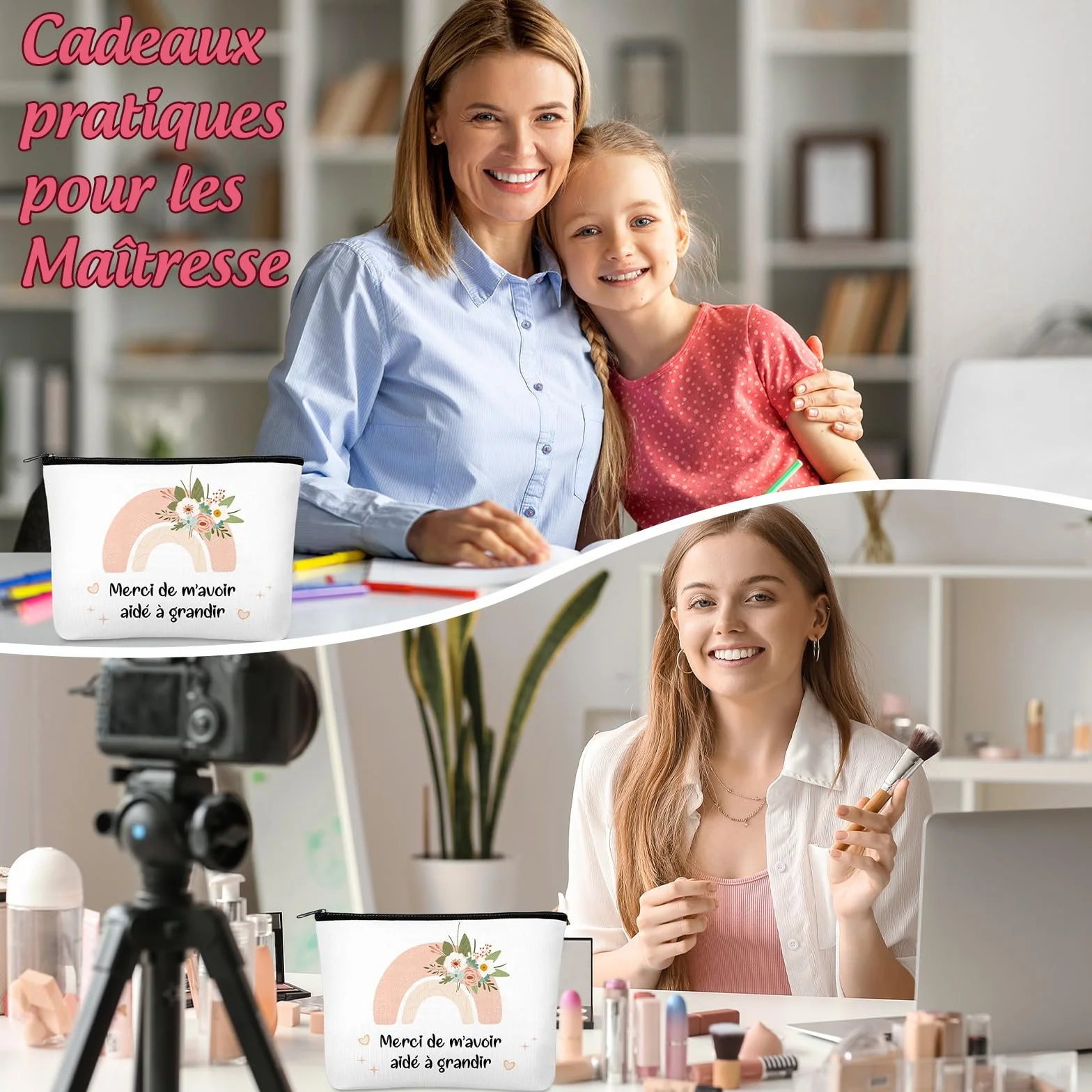 Cadeau de Remerciement pour Maîtresse Professeur 4 Pièces Trousse de Maquillage Porte-Clés Carte Arc-en-Ciel avec Enveloppe