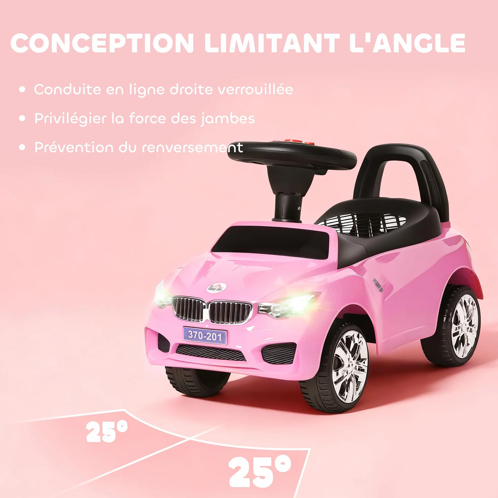 HOMCOM Voiture à Pousser Enfants avec Coffre à Jouets, Klaxon, Phares, Musique, 18-36 Mois, Rose