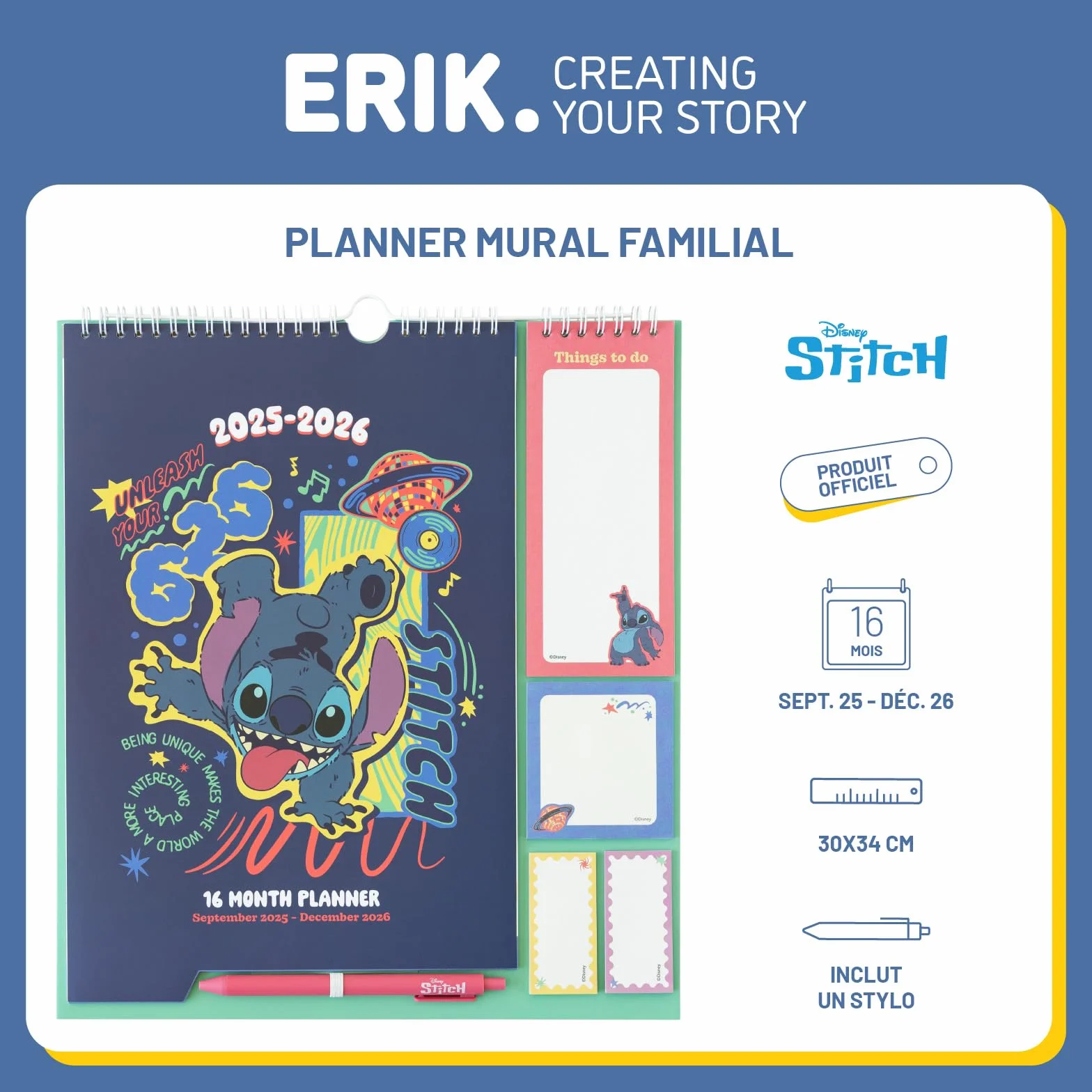 Grupo Erik Calendrier Disney Stitch 16 mois Septembre 2025 à Décembre 2026 Planificateur Mensuel Familial avec Crochet