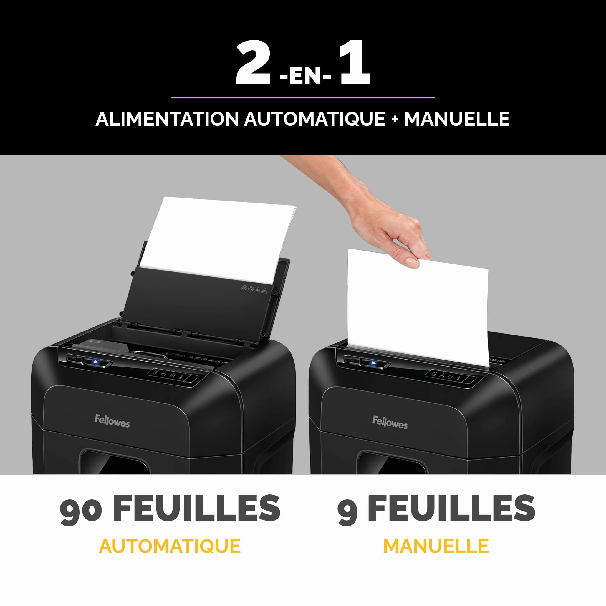 Fellowes Destructeur Hybride AutoMax 90M 90 Feuilles Automatique 9 Manuel P4 Sécurité 17 L Noir