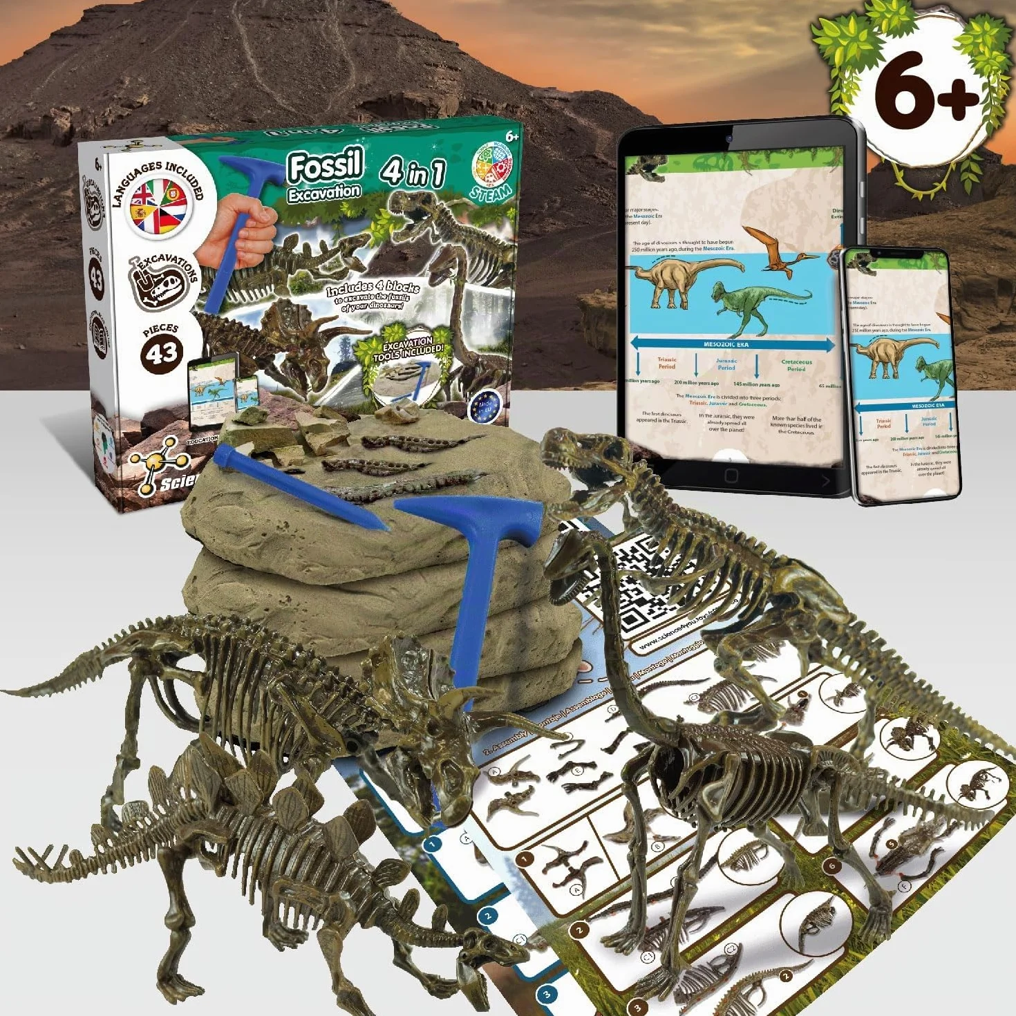 Science4you Kit de Fouille de Fossiles 4 en 1 pour Enfants 5-10 Ans - Excaver et Assembler 4 Dinosaures T-Rex Triceratops Velociraptor Stegosaurus