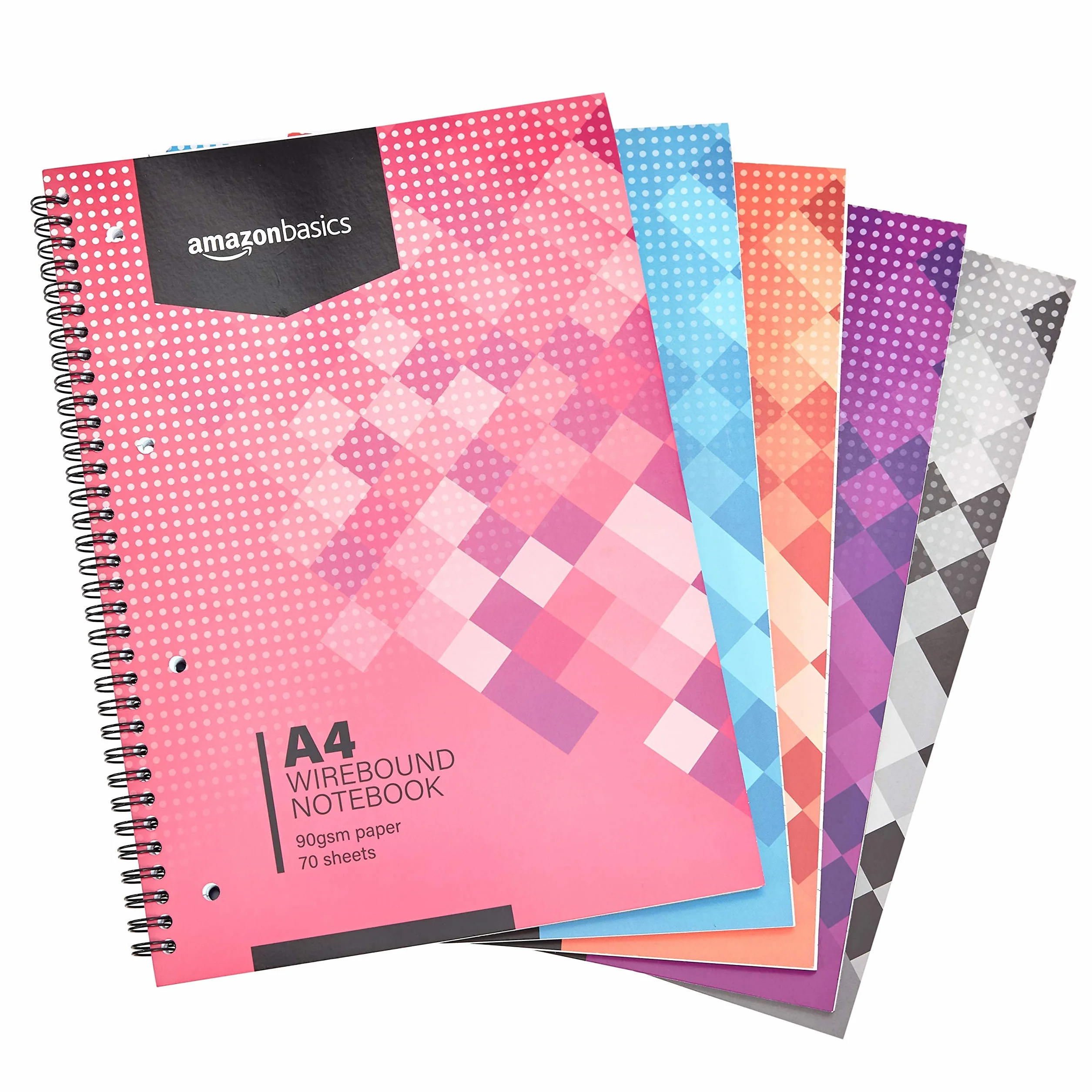 Amazon Basics Lot de 5 cahiers à spirales A4 70 feuilles 90 g/m² Couleurs assorties