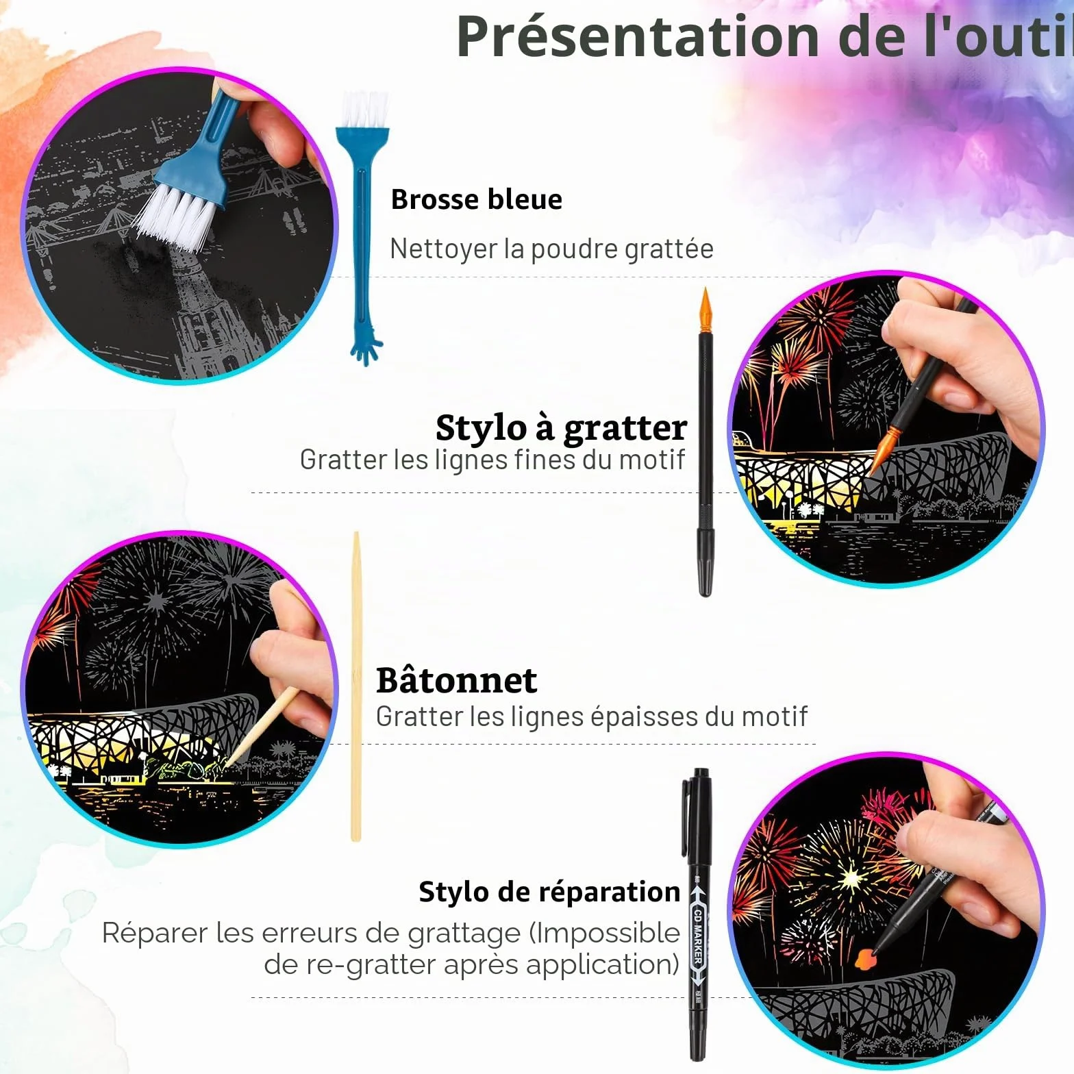 Scratch Art A4 Adulte, 16 Feuilles Dessin à Gratter avec 4 Outils, Série des Villes, Artisanat DIY