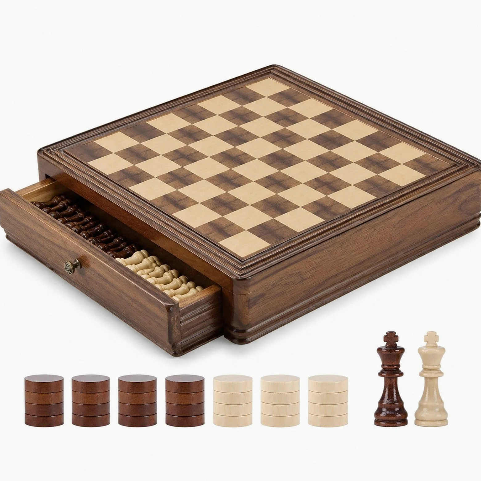 Jeu d'échecs et de Dames 2 en 1 en Bois avec tiroir de Rangement, pièces lestées et 2 Reines