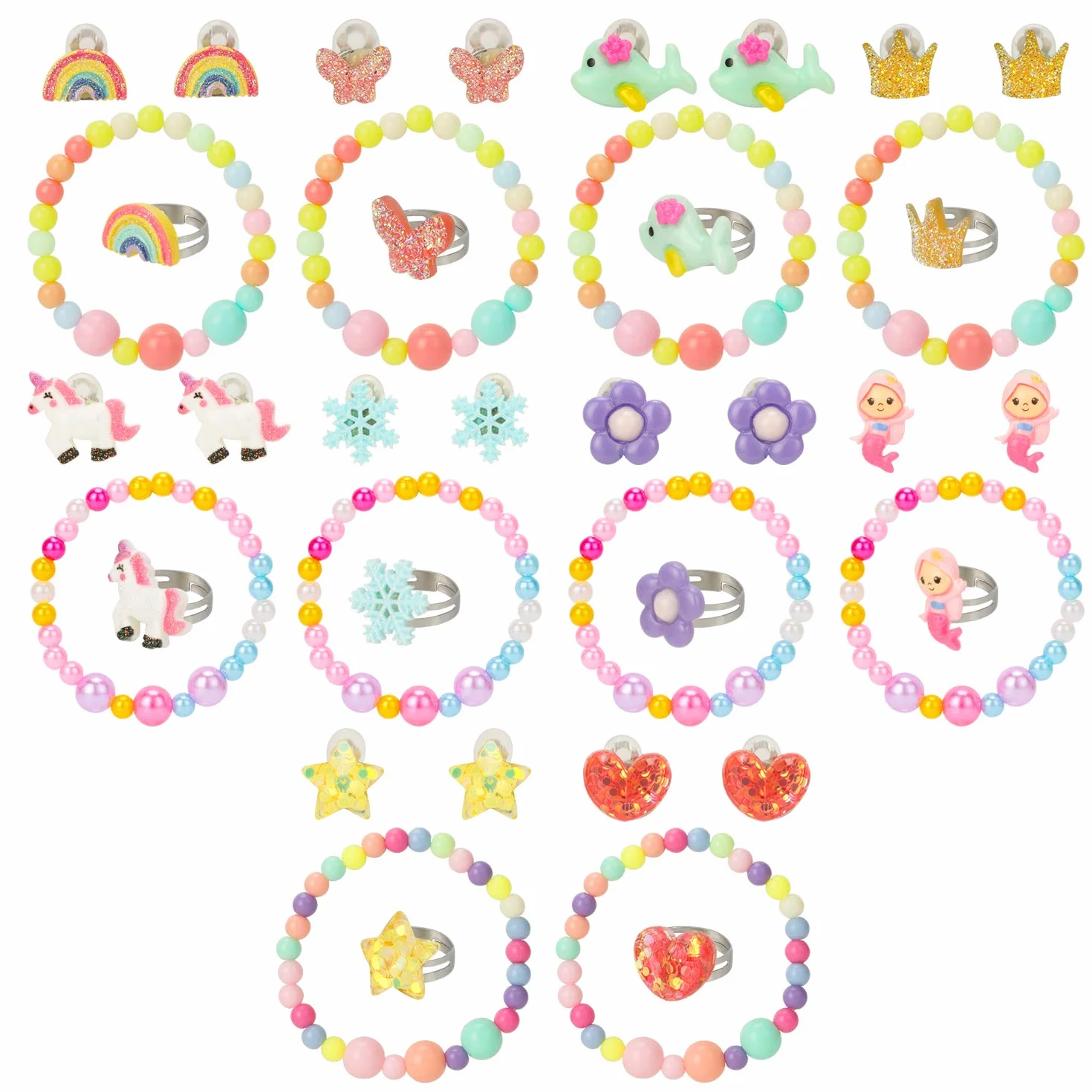 Bagues Boucles d'oreilles clip Bracelet 30 pièces Licorne sirène papillon Princess bijoux set fête Accessoire