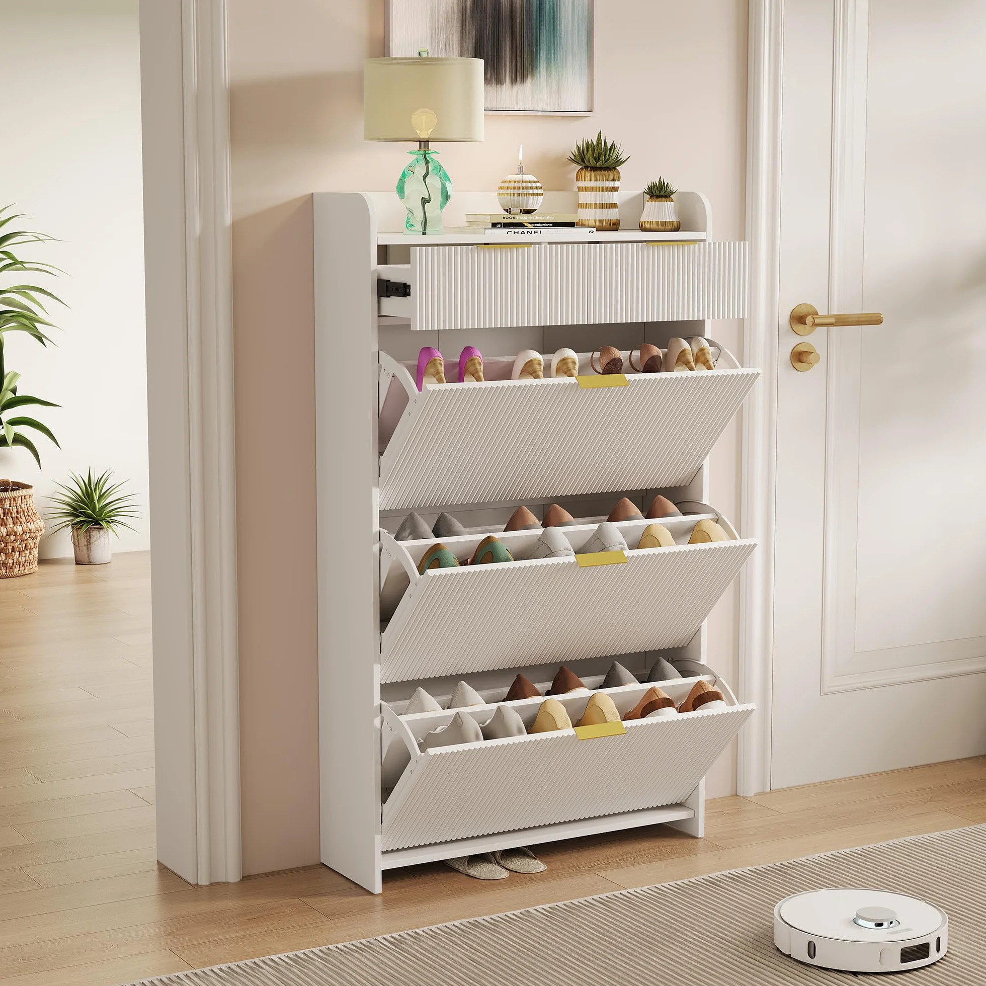 Armoire à Chaussures 15-20 Paires 3 Tiroirs Cloison Réglable 77x24x133.5 cm Blanc