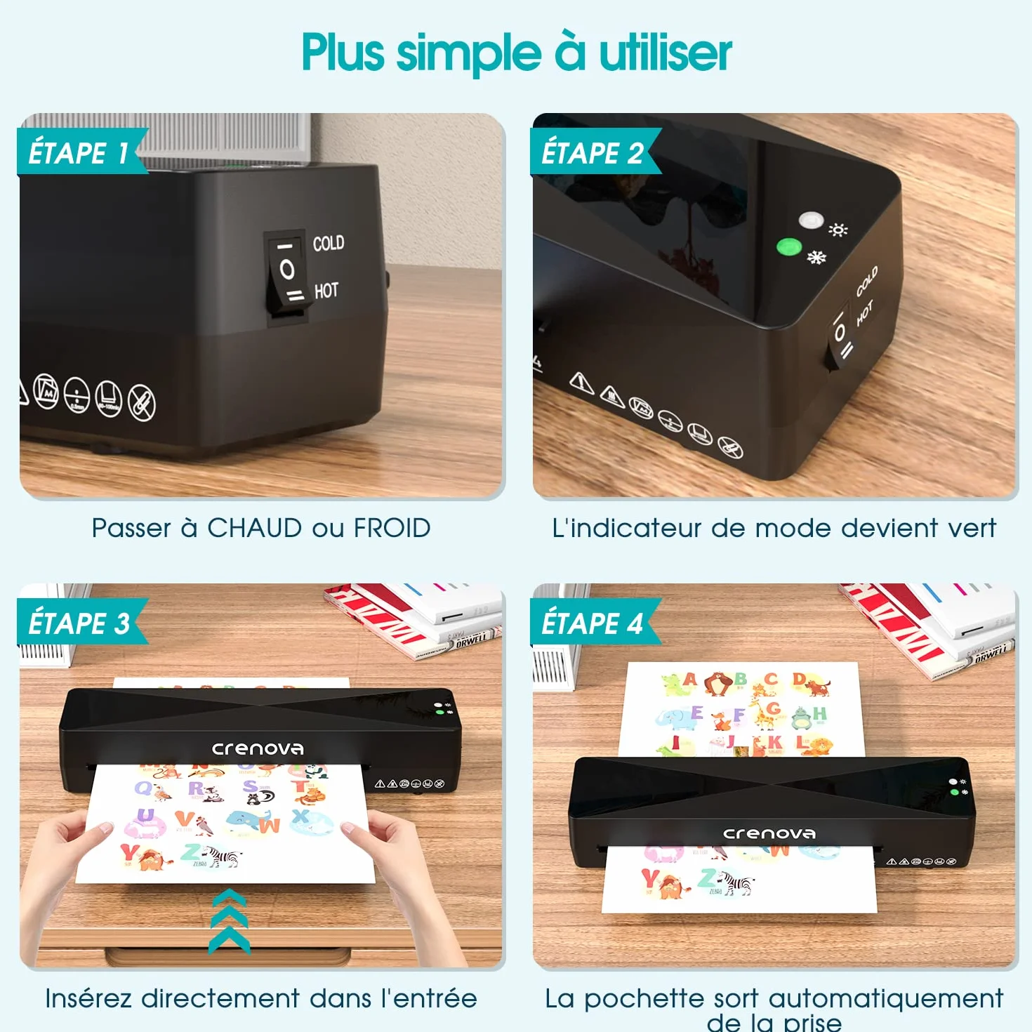 Crenova Plastifieuse A4 à Chaud et à Froid avec 10 Pochettes, Sans Bulles, Noir