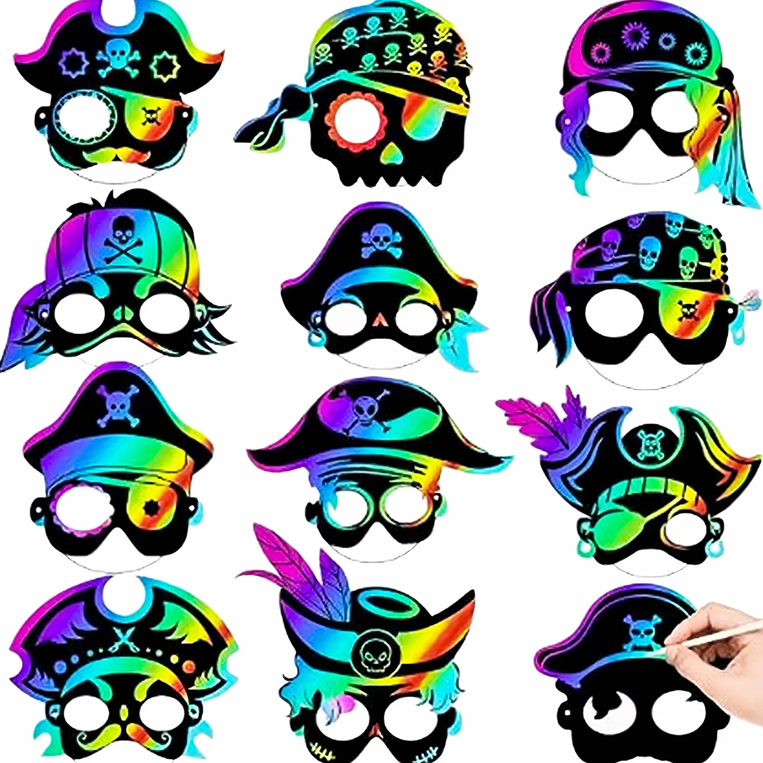 Lot de 48 masques de pirate arc-en-ciel à gratter pour anniversaire