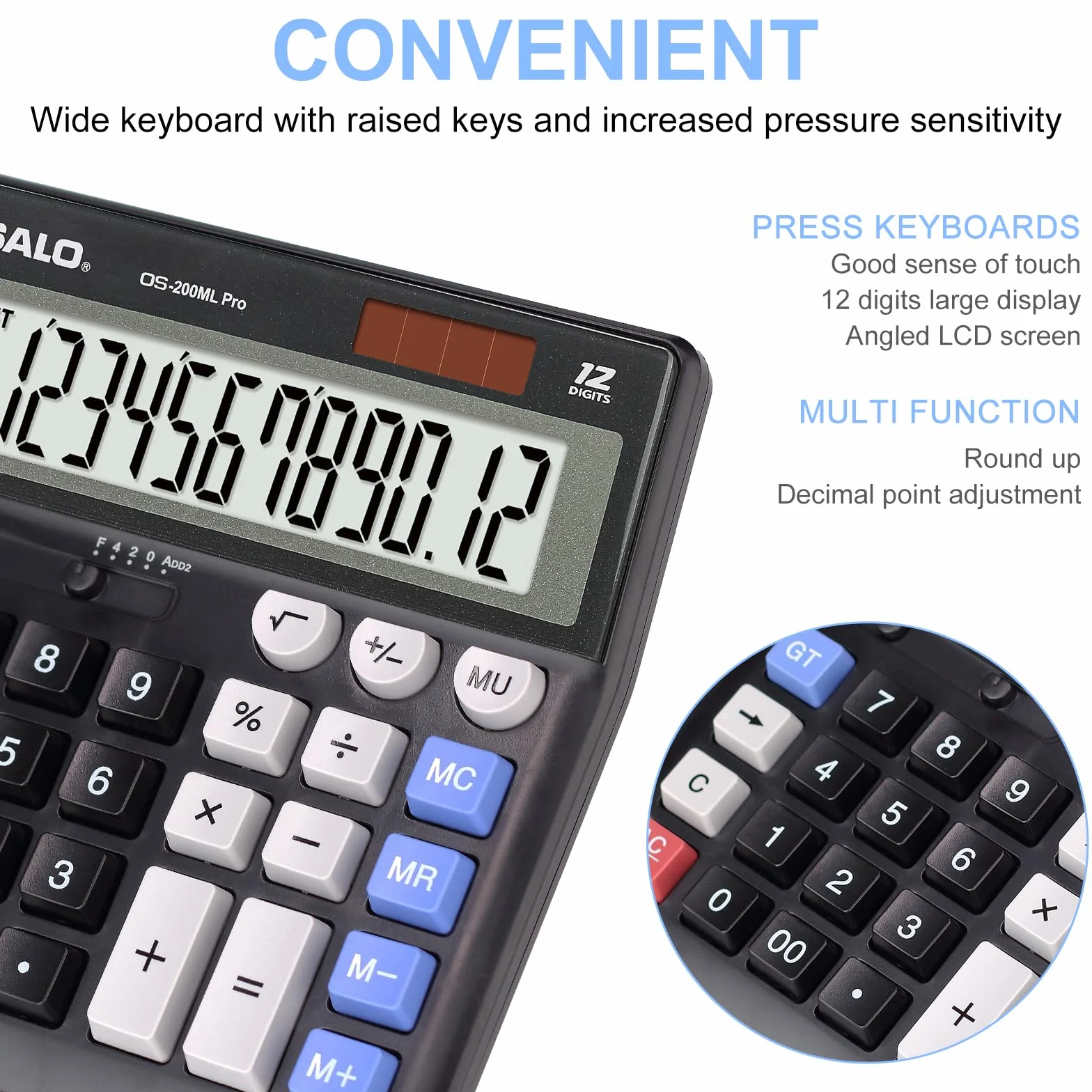 OSALO Calculatrice de bureau extra large grand écran LCD 12 chiffres comptabilité bouton réponse géant batterie solaire
