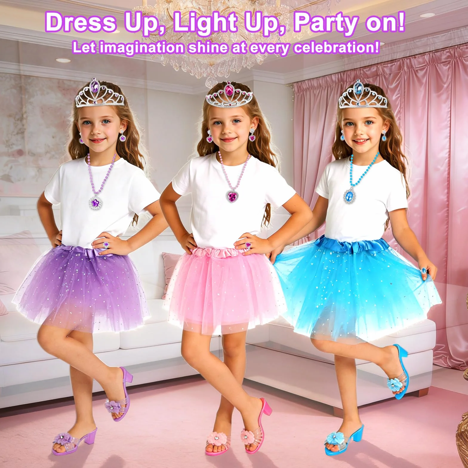 Fille Robe Princesse avec 3 Paires Chaussures Talon Enfant, 3 Jupes, Couronne, Collier, Cadeaux Halloween Noël