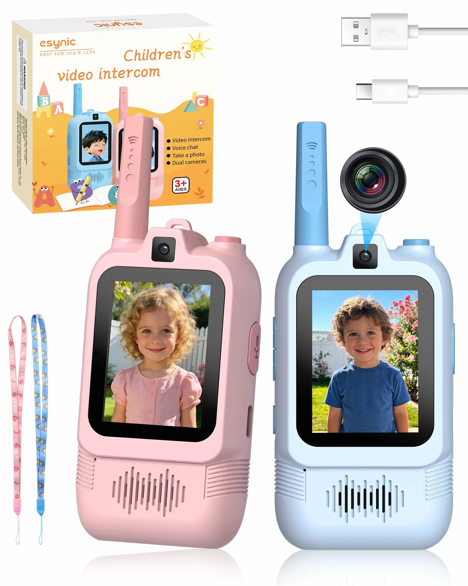 eSynic Talkie Walkie Enfants Double Caméra Appels Vidéo Portée 500m Rechargeable Rose+Bleu