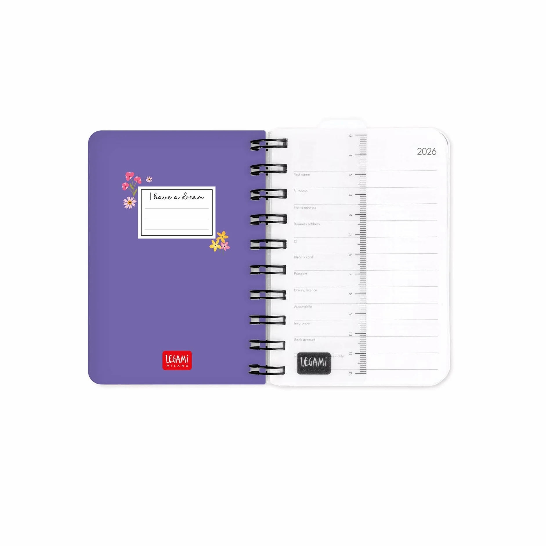 Legami Agenda journalier Spiralé Small 2026 Flowers 12 mois 8,5 x 13 cm papier FSC