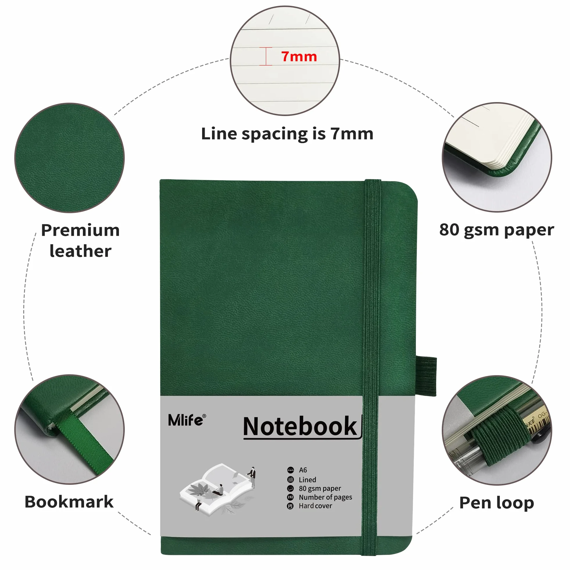 Mlife Carnet de notes A6 192 pages Couverture rigide Bande élastique Pochette pliable Vert