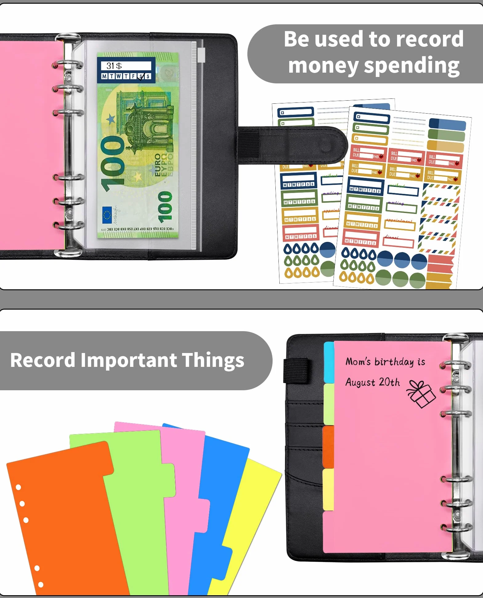Carnet Enveloppe Budget A6 avec Pochette PVC Zippée, Stickers et Fermeture Magnétique (Noire)