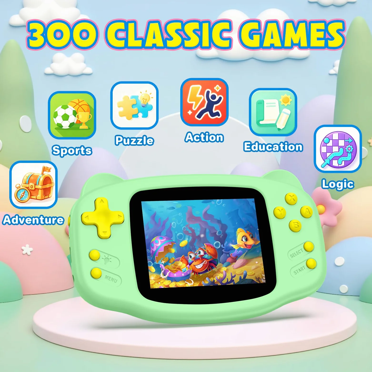 Console de jeu portable 16 bits, 300 jeux vidéo rétro préchargés, console de jeu rétro avec écran IPS de 3,2", mini lecteur de jeu vidéo portable rechargeable pour voyage et voyages en voiture