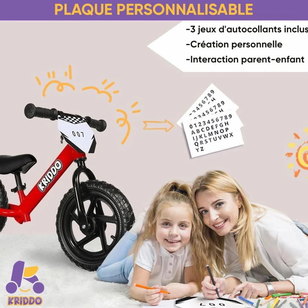 KRIDDO Draisienne 2 Ans, Vélo Bébé sans Pédales 12 Pouces avec Plaque Individuelle
