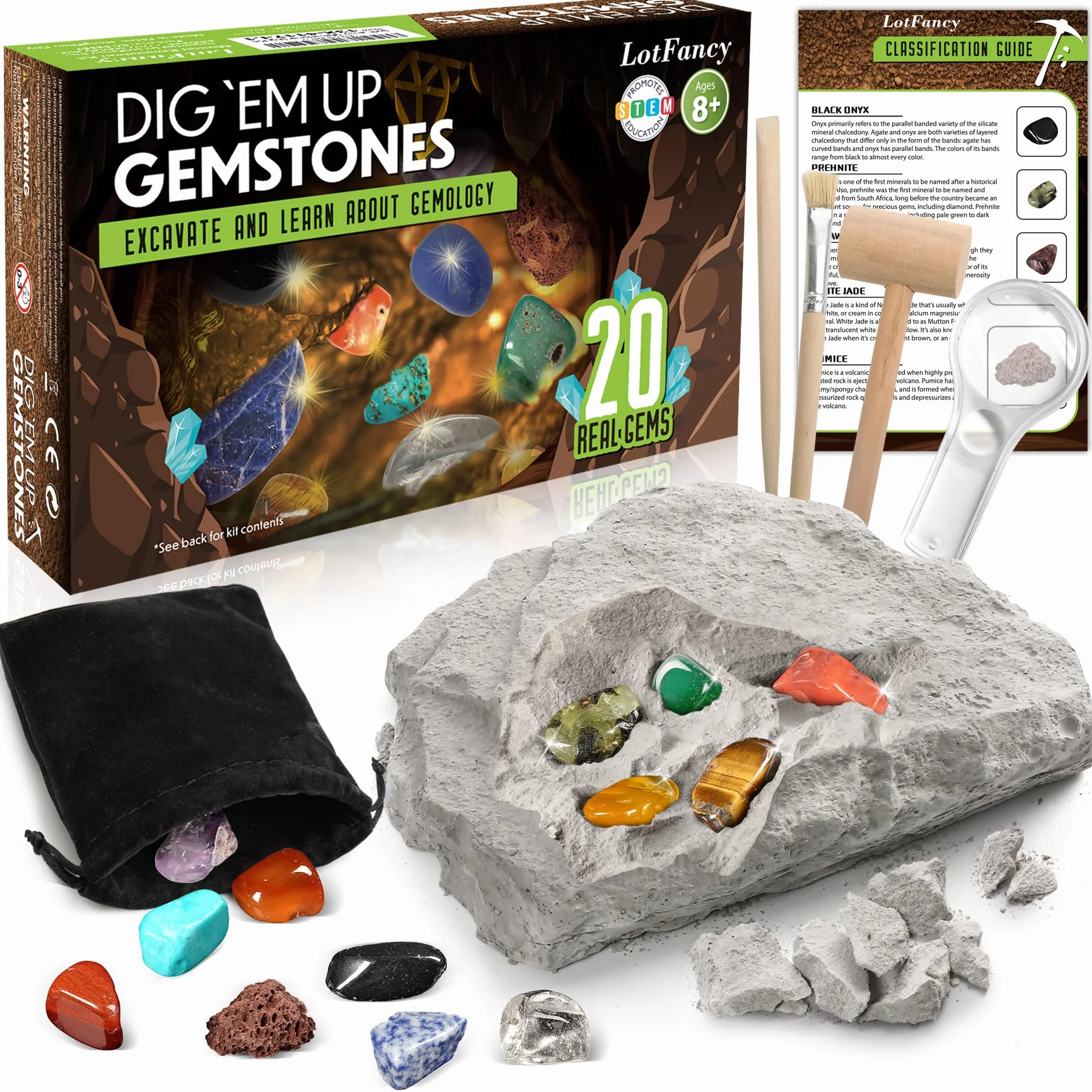 LotFancy Kit de Fouille de Pierres Précieuses - 20 Vraies Gemmes, Kit Scientifique pour Enfants 6-10 Ans, Cadeau Garçons Filles